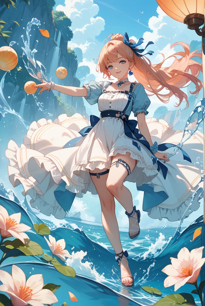Anime girl in blue dress，Holding a flower in hand, cute anime waifu in a nice dress, loli in dress, (Anime girl), Soft anime illustration, Digital art on Pixiv, Pixiv style, Anime art style, Anime goddess, Anime moe art style, anime visual of a cute girl, Splash art anime Loli, anime full body illustration