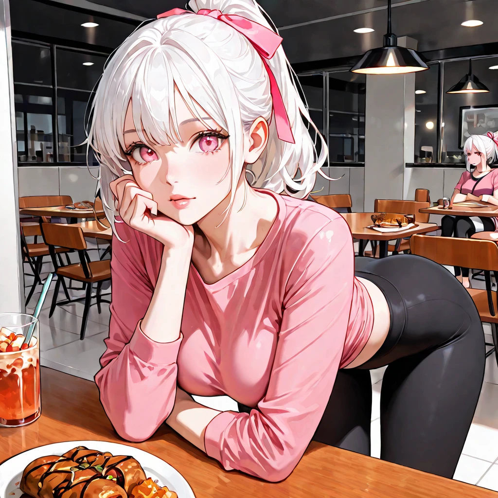 Elf girl, pink hair, short hair, red eyes, freckles, red leather jacket, shorts, long socks, red shoes, sitting, table, restaurant, smile