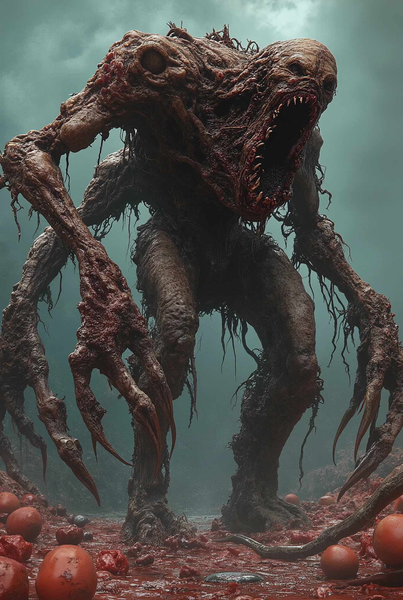 *"A towering humanoid abomination in ultra-detailed manga horror style, inspired by Junji Ito and Berserk. Its massive, rotting body constantly regenerates and decays at the same time, covered in festering wounds and pulsating veins. Its hollow eye sockets are filled with writhing darkness, devouring all light. Its mouth stretches grotesquely from the jaw down to the throat, packed with endless layers of jagged, mismatched teeth. From deep within its throat, massive, slimy tentacles emerge, each lined with tiny, whispering mouths.
Its back is pierced by enormous, spindly spider legs, clicking and twitching as if alive. Its ribcage is split open, revealing a grotesque, pulsating core dripping with thick, black fluid. Its monstrous hands have elongated, bony claws, and wherever it steps, the ground transforms into writhing flesh, covered in agonized, screaming faces.
A dark aura distorts reality around it, twisting the sky into chaotic patterns. Shadows slither and coil around its form, moving unnaturally as if sentient. Parasitic creatures cling to its decaying flesh, half-fused into its body. Every movement it makes is accompanied by the sound of bones cracking and wet, sickening squelches.
A being beyond human comprehension, a nightmare given form, an entity that should not exist."*
