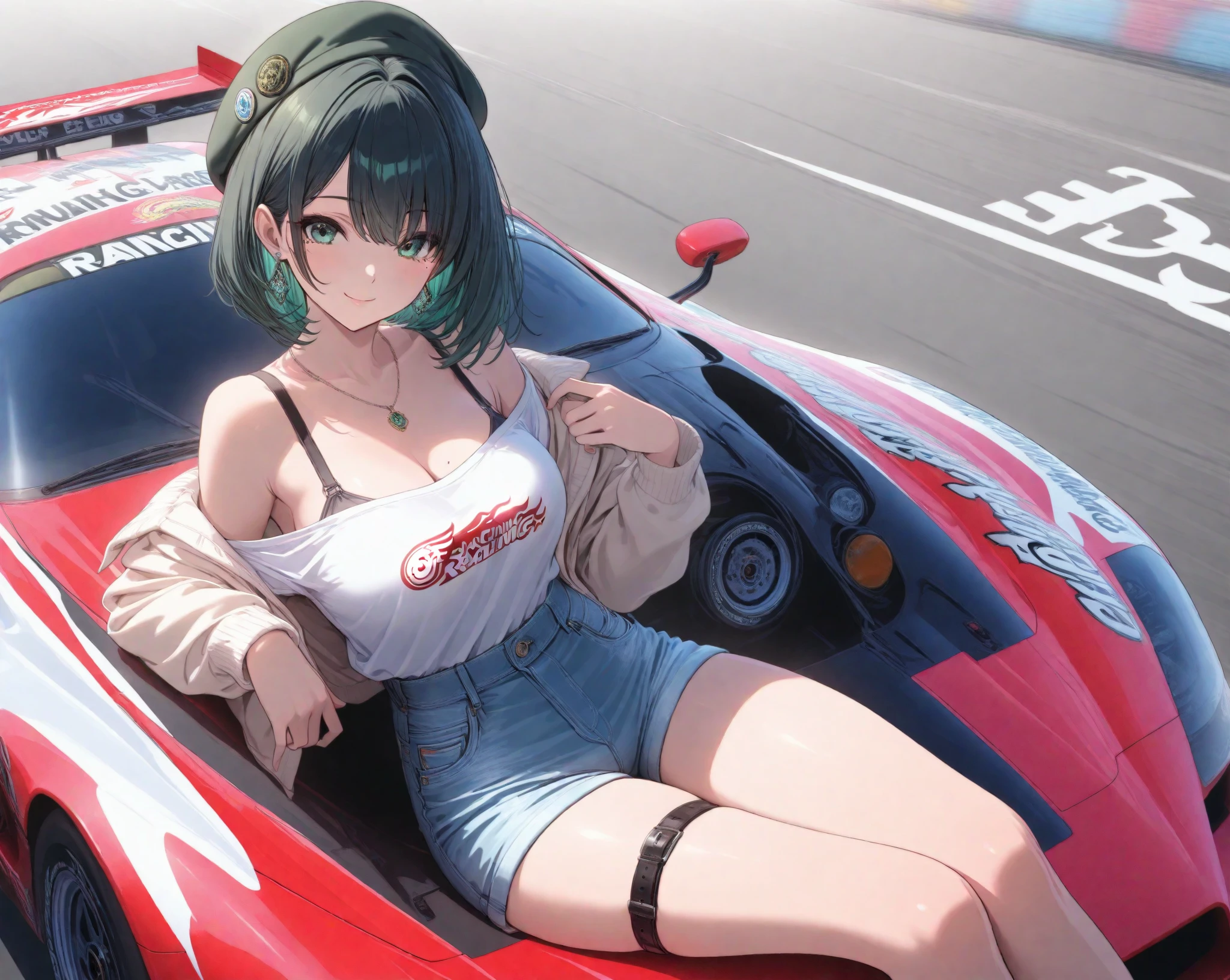 The girl is wearing a black bandeau inside and a red military uniform outside