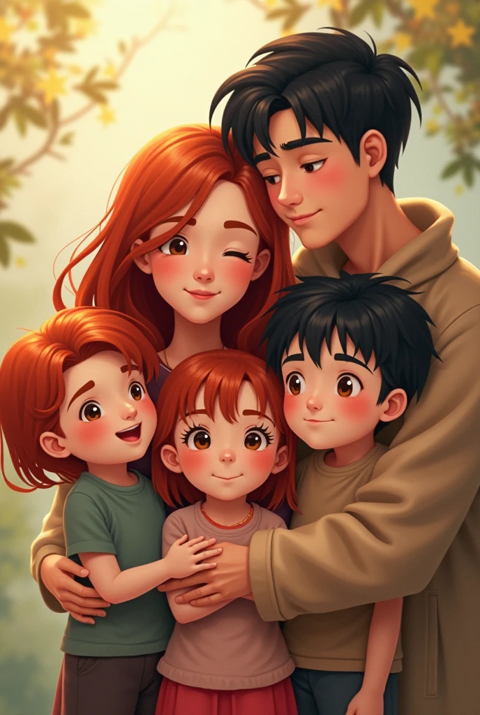 Girl with brown hair of 20 years with a man of 20 years with blond hair and with 4 daughters one less than 4 years with black hair and the other sister 5 years black hair the other sister 10 years with black Lazio hair and the other 16 years orange hair and half red 4 sisters but they are all very realistic 4 daughters 4