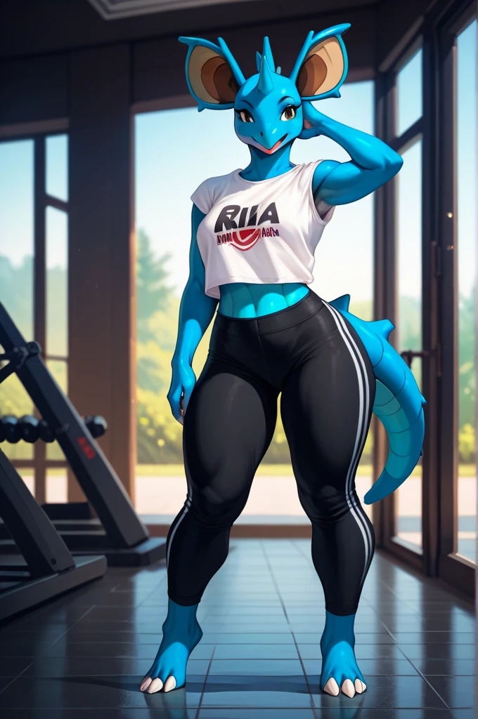 uploaded on e621, explicit content, 3d, (bastika, cutesexyrobutts, hioshiru), female, lizard, thick thighs, huge butt, futuristic, (scalie), clawed feet, round wide hips, thicc ,(Anthro), slim waist, curvy, (Slit pupils), huge breasts, (zahn), lizard face, gym, bottom-heavy, goth, punk, choker, large ass, sexy, seductive, extremely detailed, portrait, looking at viewer, (full body:0.6), detailed background, close up, (airy modern theme:1.1), extremely busty gym girl, ponytail, smirk, mysterious, standing in the gym, sports bra, wet, workout gear, weight machines, windows, modern gym, ((((gigantic breasts, cleavage, skindentation)))), modern (gym interior:1.1) background, dark mysterious lighting, shadows, anthro, lizard, grey skin, beige belly, beige jaw, black hair, orange eyes color, lizard tail, tail piercing, ear piercing, female, two tone hair purple, smile, shark teeth, snout, lizard snout, claweddrip), G-string panties, long legs, modern (gym interior:1.1) background, dark mysterious lighting, shadows, magical atmosphere, dutch angle, gym shorts