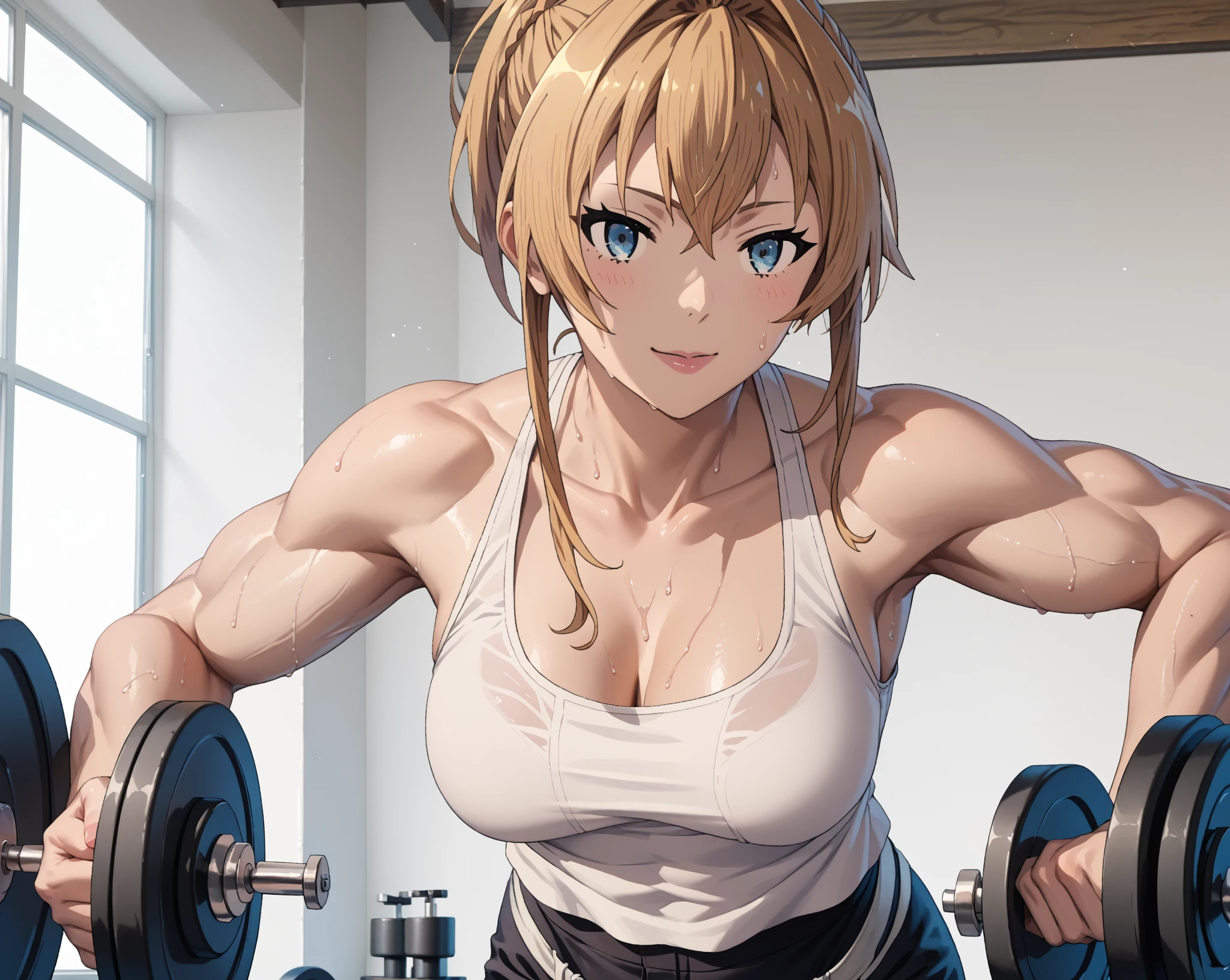 gym, exersice, one adult woman, workout, hot, sweating, sweaty, tan, medium , lifting, yogapants, white yogapants, white pants, white clothes, blonde, ponytail, lean body, blonde, blonde hair, woman, white pants, one girl, cool, medium breasts, muscular, stern look