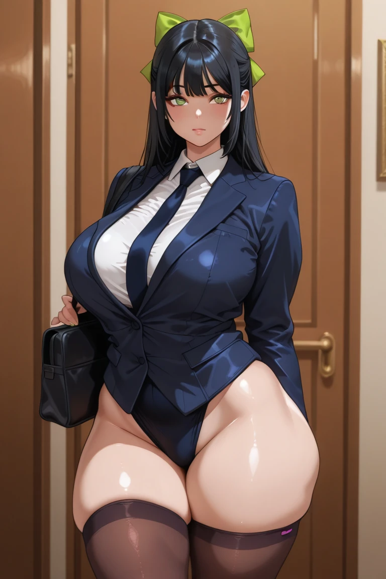 Woman in a business suit, curvy, busty, evil smirk, dominant stare, thick thighs, tongue out, view from below, squatting down, looking at viewer, inside a room