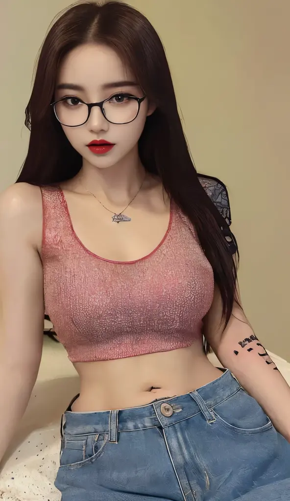 (Best quality, masterpiece, detailed), (RAW, 4k, hd images), shy, 1 girl, 17 years old, white skin, long hair, ponytail, layers hair, bangs, black hair, beautiful girl, cute girl, sweet girl, pretty girl,perfect girl, pretty eyes, blue eyes, thin lips, thin,(eye line, lip stick pink soft) perfect boobs, glasses(detailed frame), indoors, white tshirt, jeans hot pants, thigh