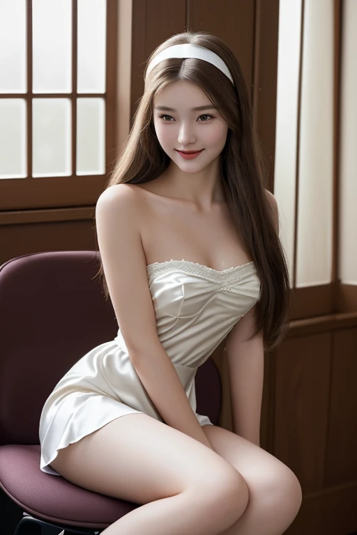 (knee shot),Pretty girl, young female model, Sweet maiden, evening dress S9,flower, inside in room, sit on chair, deck chair, Cross ed leg, tmasterpiece, best qualtiy, Extremely detailed description, Ultra-fine painting, delicated face, slim toned body,grin, Hefty Smile