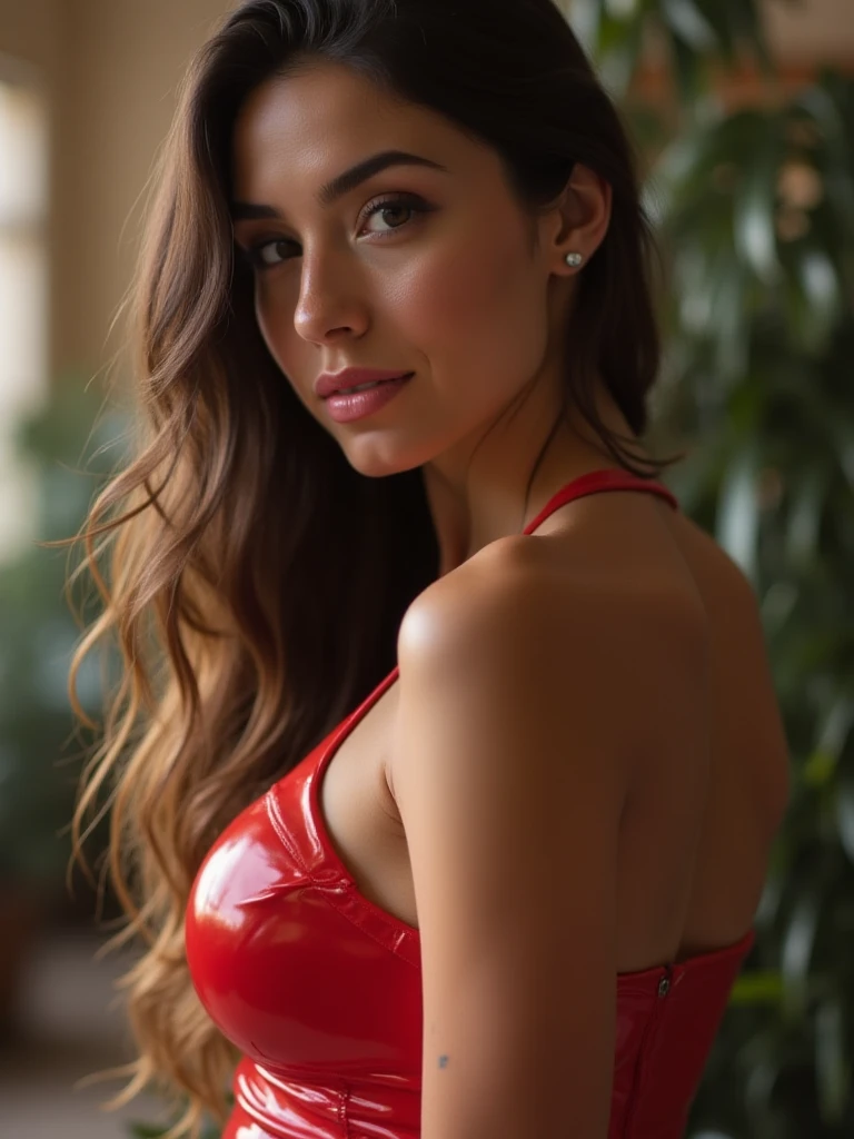 MILF, mexican, BBW, photo vintage, visage feminin parfait,  cheveux tres  LONG, tache de rousseur, 1968, big huge breasts : 38H, front VIEW, (  RED  latex suit,  V-NECK, BIG CLEAVAGE,  BEAUTIFUL EYES, BEAUTIFUL HANDS, LIGHT SMILES,  PERFECT FACE,, tres long décolleté, RED COLOR background ) , aroused, TITS IN FOCUS, NORMAL EYES, DEATAILLED EYES, PAIRED EYES. SMILING, (CHOKER) 2 WOMEN, 2 PERSONS