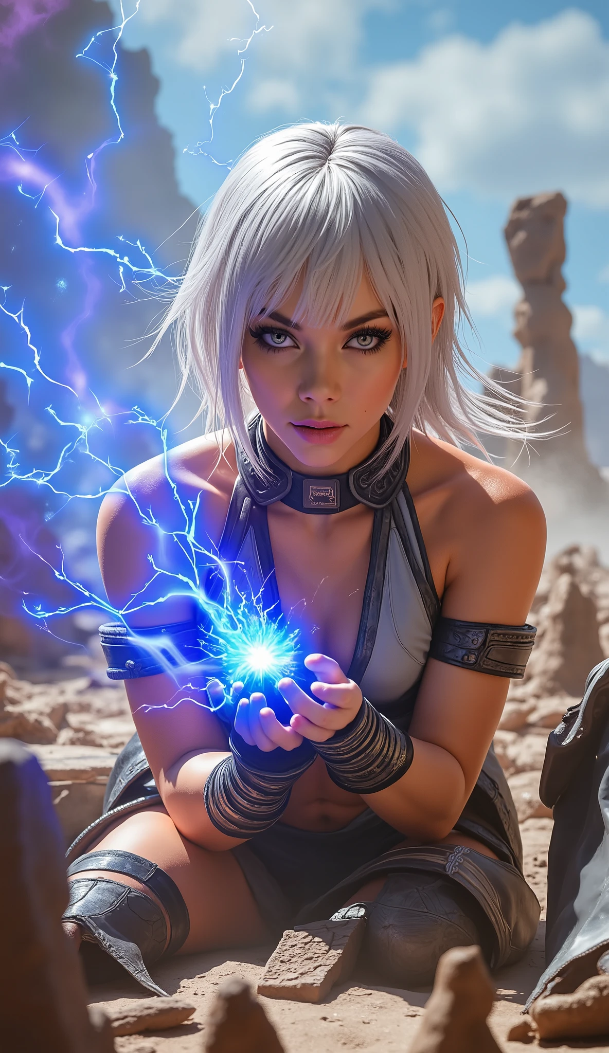 in an epic dragon ball, ,Girls send energy balls to each other, in a place destroyed by a previous battle, Real Photo, HD, kneeling.