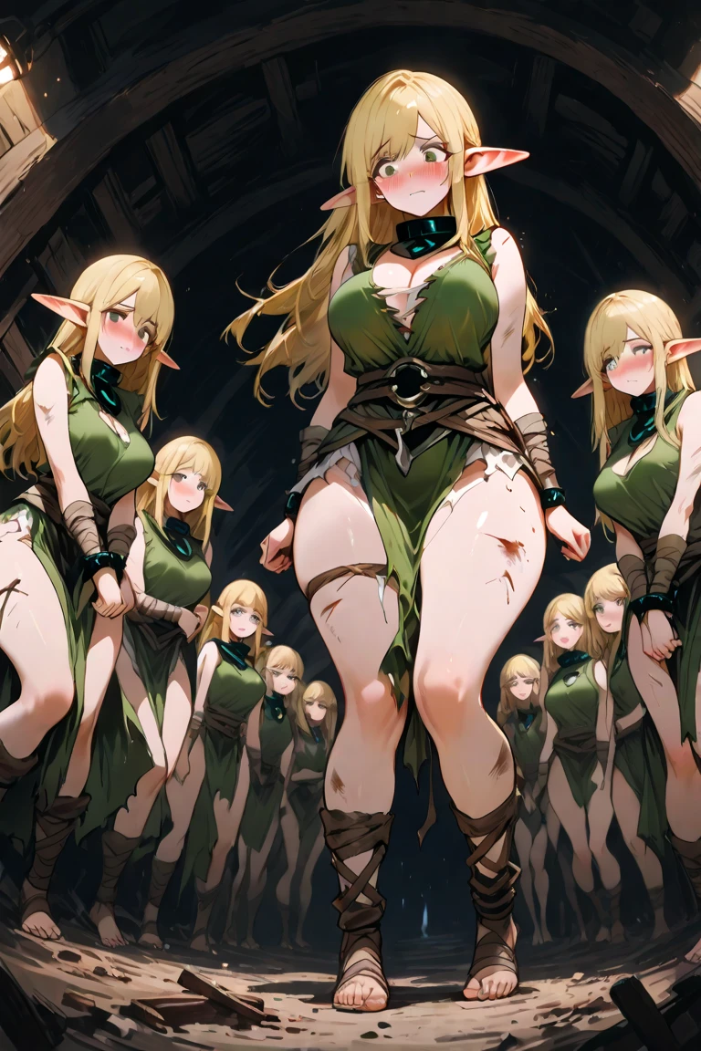 Elf、1 female、women only、short hair、twin braids、ahoge、blonde、(thin)、Big Breasts、Tall、empty eyes、black eye、Black elbow gloves、((black thigh highs))、Small black beret、Brown scarf、Green dress、Brown boots、(full body)、thin太もも、shoulder、belly button、isekai、fantasy、NSFW, moaning in pleasure, blush, sweat, spoken impregnation, speed lines, trembling, motion lines, shaking, creampie, looking at the camera, clothed after sex, Nipples, vagina, brainwashing