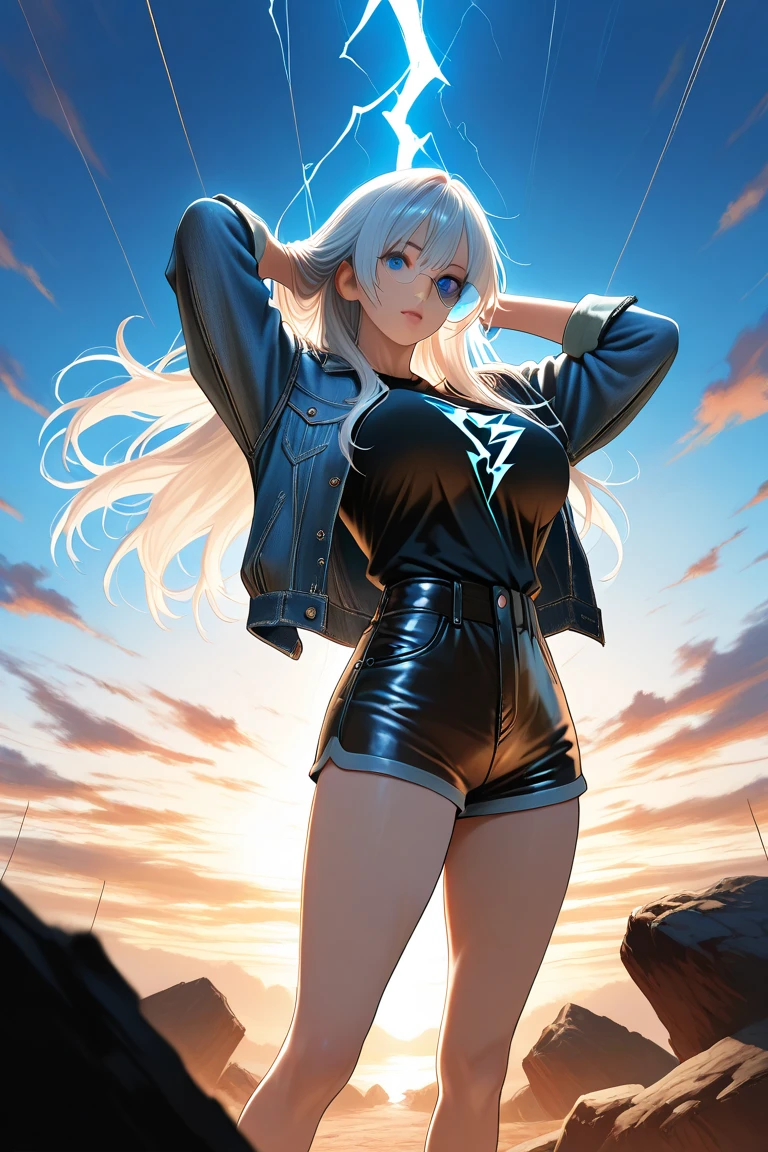 4K, A high resolution, Best quality at best, masterpiece, perfect colors, perfect shadow, perfect litghting, ((sportrait)), 1woman, fit body, heterochromia eyes,rainbow hair , blue eyes, With round lenses, The audience watched carefully, (s face: 1.2), Perfect female figure, ((dynamic pose)), ((rainbow Tight crop top leather suit)), ((shy and looking at viewer)), (Perfect thick white eyebrows) Delicate fur, 详细s face, s the perfect face, , (dynamic pose), big breast, open half breast