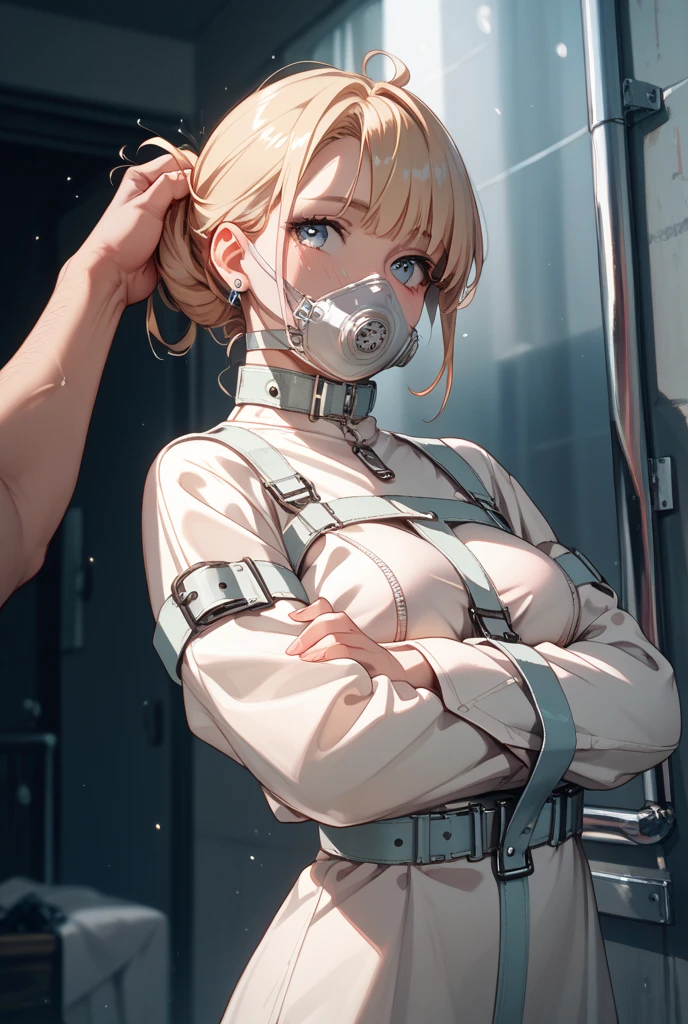 (absurdres, 8k, 4k, masterpiece, hyper extreme detailed:1.2), solo, 1girl, front view, portrait, best quality, perfect face, 1girl, portrait, solo, standing, Female, toned body, mature female, EJP breasts, , long hair,  delinquent, sarcastic,   swept bangs, midriff,  exposed collarbone, exposed  shoulder, standing up,  half body, shorts,  hightquality,Realistic,cyberpunked,Realistic, prison, (Futuristic, severe), woman wearing a straitjacket, white rough hair,Full body restraint,lap belt,cangue,eye mask,a choker,respirator,gag,Cuffed, woman behind the bar, Eyes moistened with tears, Restraint belts here and there,Thick fabric,arms bound,fetters), Confined,Red face, prison( The dim, chains, Woman in the center of the room).