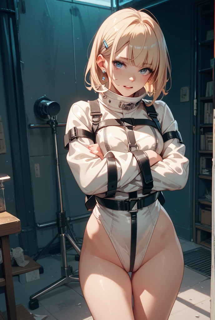 One girl,Silver Breastplate,Open belly button,Cropped shoulders,Bare thighs,Short fine hair,Blonde,arms behind your head, Looking_in_peeping in the viewer, Upper Leg, bow, bondage, BDSM, bondage, rope, bondage, Apple gagging, shibari, bound_arms, ball_gag, shibari_Much pubic hair_Clothes,Light clothing