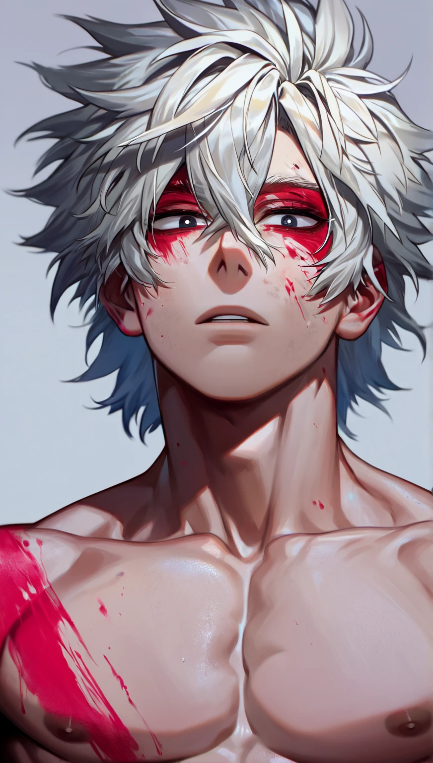 Young man with pale skin and snow white. 25 years old, beard shaved at the chin. Red eyes and iris of his eyes is black. He has vampire teeth, white hair, bare-chested, muscular and athletic. We see several black veins of reemerged on his body and he has four long tentacles in the back which have a pointed dart at their ends. Medium shot photorealistic style 8K.
