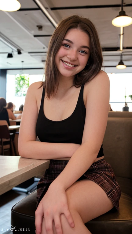 Beautiful Teen Girl sitting in booth at restaurant, 15 years old, round face, green sundress, short  messy hair, bare feet, smirking, short legs, ((thighs exposed)), accidental exposure, legs spread apart, inner thigh