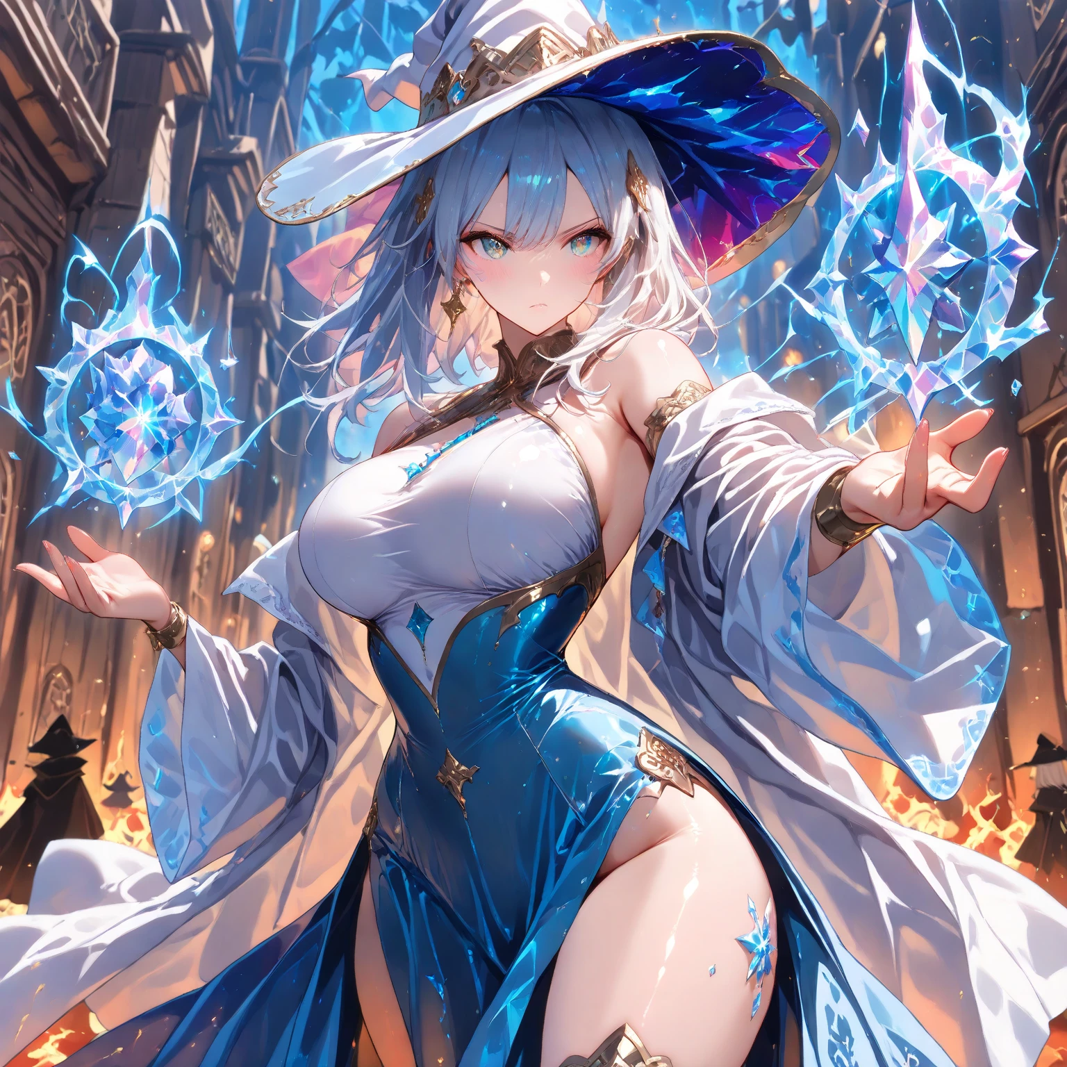 furry, female, arctic fox, night, glowing hairs, fluffy tails, breasts, tribal outfit, panties