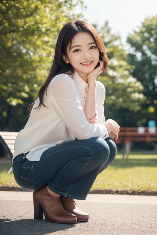 Very detailed 8k wallpaper)、foco nítido、in detail、drama、Delicate and beautiful schoolgirl、17歳、Sheer white shirt、Quite short skirt、ligh brown hair、hair adornments、Sexy、A smile、Peek at the viewer、Beautiful graphics、Bright school building、Full of students、clean legs、squatting down、