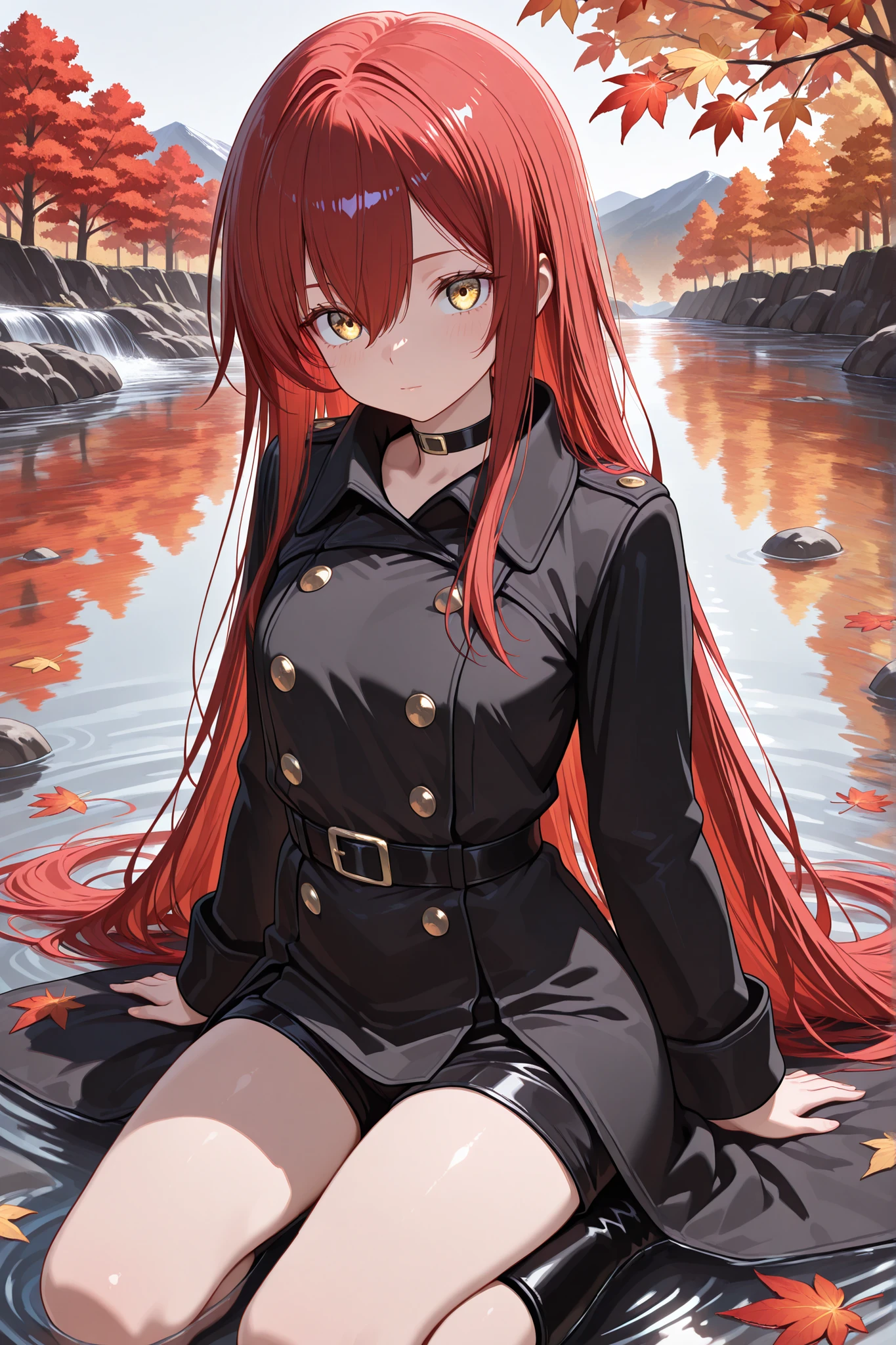 masterpiece , best quality , amazing quality , very aesthetic , absurdres , highres , newest , HDR , 8K , high detail RAW color art , sharpe pupil , eyelashes BREAK Japanese autumn landscape, mountains covered in vibrant autumn foliage, with shades of red, orange, and yellow blending harmoniously, stream flows through the scenery, with fallen leaves floating on the water, warm sunlight softly illuminates the landscape BREAK 1girl, solo, portrait, very long hair, red hair, long sidelocks, golden eyes, closed mouth, hair between eyes, looking at viewer, black short shorts, black kneeling boots, black belt , black choker , black coat , Straight hair