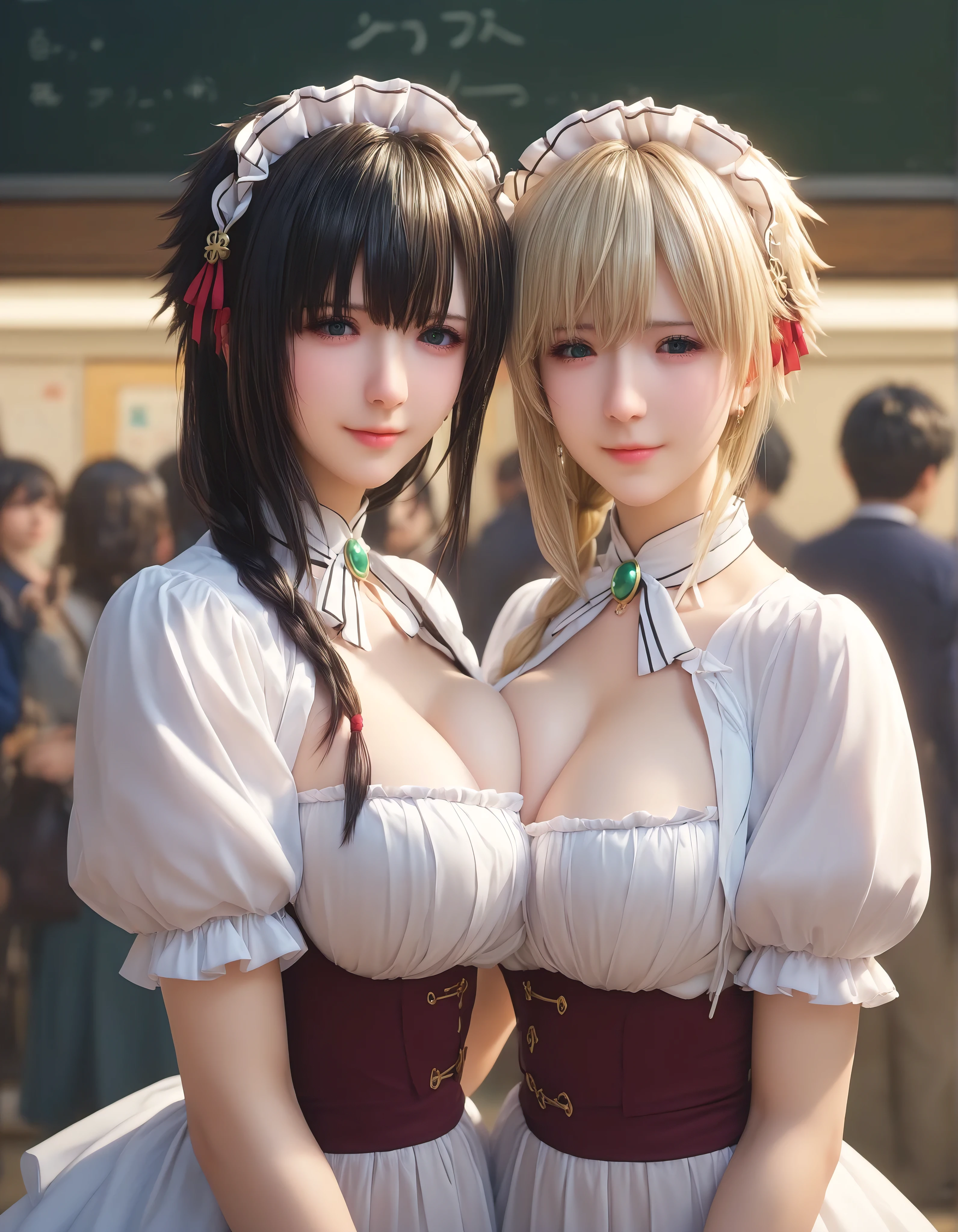 yuki yokoya and violet evergarden, two anime girls with big breasts, touching pose, full body shot, camera angle profesional, wearing maid clothes, oppai, oppai proportions, two beautiful anime girls (yuki yokoya and violet evergarden), big breasts!, big breasts!!, anime girls, with a large breasts, twintails, beauty eyes, faint smile on her face, hd, high quality image, head accessories, posing at tokyo street with sunny weather