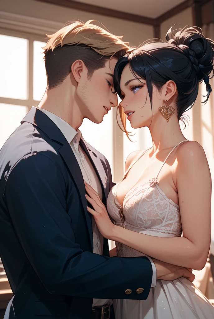 masterpiece, High Quality, super detailed, beautiful images, clear image, realistic, RAW photo, perfect face, perfect body, perfect lines, perfect eyes, soft lighting) Illustration, Beautiful detailed eyes, close up, There is a ((woman and a man adult married)) on the bed, she is sitting on his lap. The woman has long and wavy brown hair, green eyes, freckles, has a feminine and curvy body, white skin ((big breasts)) and her body naked, and blushing face, a sweet expression. The man has a ((slender body, blue eyes,))(( a black hair)), ((white skin)), and is wearing a black underwear masculine. ((the husband are kissing lovingly his wife on the lips)) The man with his hands holding her waist, and the woman has her hands on his chest. NSFW. Couple hot kiss、romance、couple looking at each other、couple hugging each other