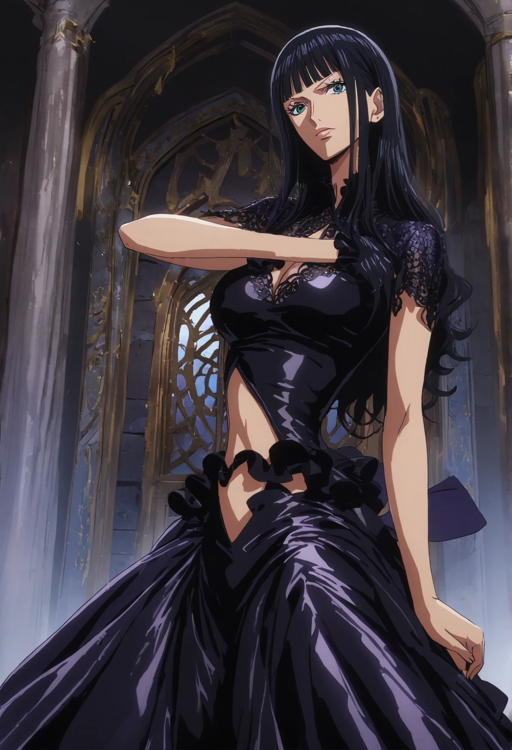 One Piece World, Nico Robin, Bad girl style, Dark Background, Gorgeous dress, Sharp eyes, Domineering posture, Mysterious atmosphere, High-quality rendering