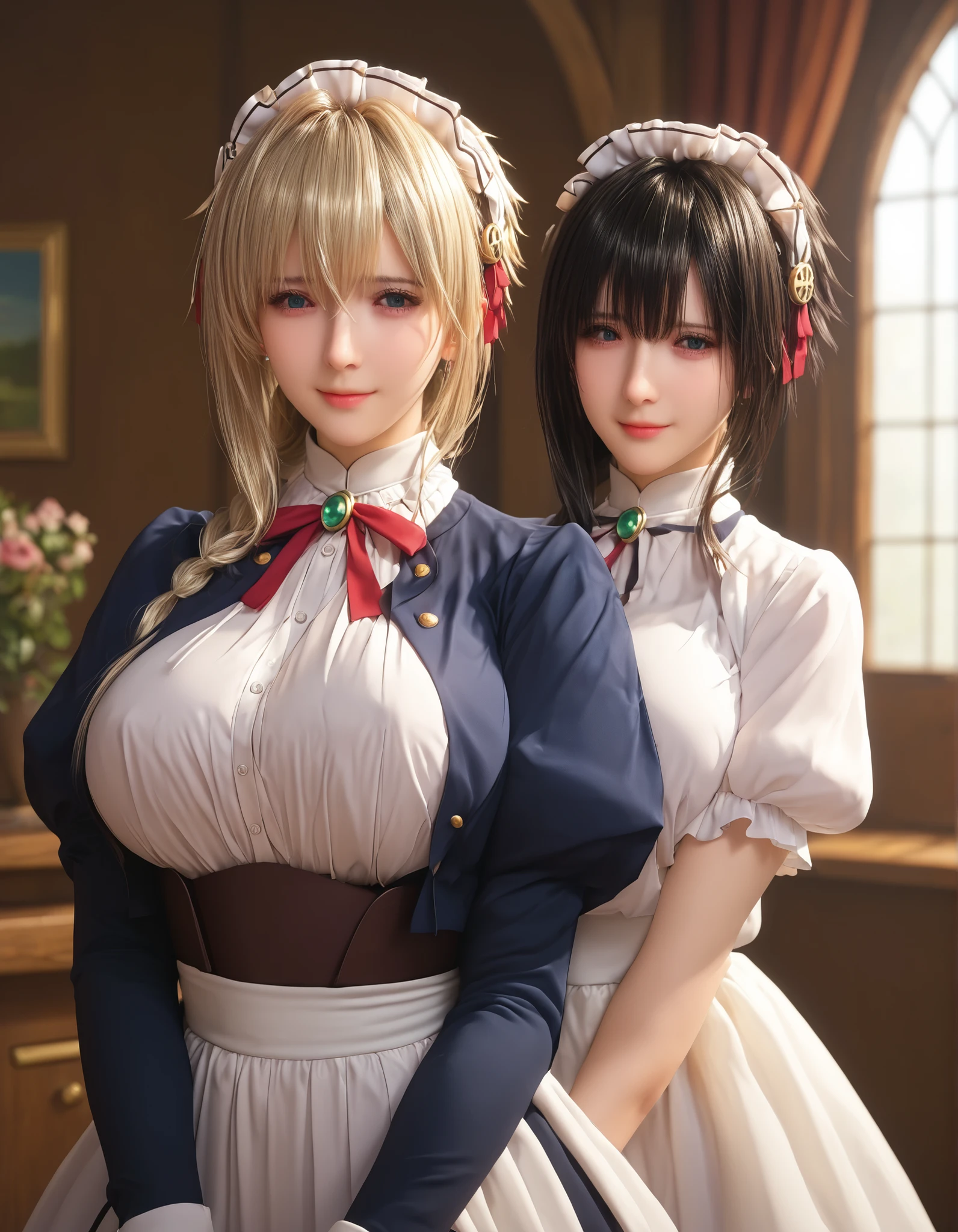 yuki yokoya and violet evergarden, two anime girls with big breasts, two women pose, full body shot, camera angle profesional, wearing maid clothes, oppai, oppai proportions, two beautiful anime girls (yuki yokoya and violet evergarden), big breasts!, big breasts!!, anime girls, with a large breasts, twintails, beauty eyes, faint smile on her face, hd, high quality image, head accessories, posing at garden house with sunny weather