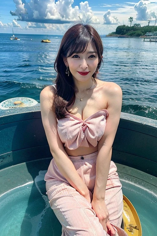 Top Quality, Masterpiece, Super High Resolution, (Actual:1.3), Original Photo, (Nature Photography), (Magnificent mountaintop, Sea of clouds), (Very wide mountain top), (Sunset), (Girl), (Upper body), (Natural Light: 1.0), (Side View: 0.0), (Cowboy Shot: 0.0), (upper body: 1.8), (Close-up: 0.8), Portrait, Cinematic Lighting, Glow, Ray tracing, reflected light, f135mm, UHD, accurate, skin texture, super detail, great detail, high quality, highest quality, 8k, (surrealism: 1.2), BREAK, (Japanese: 1.3), (22 years old: 1.0), (Small breasts: 1.2), (Long, large, slit eyes: 1.8), (Realistic eyes: 1.8), (Height at 160cm: 1.2) , (a little fat), (Transparent white skin: 1.2), (Short curly bright pink hair with bangs: 1.3), (Deep eyeshadow makeup: 1.4), BREAK, (Correct hand: 1.3), (Correct fingertips: 1.2), Sexy pose, (Place hand near cheek: 1.2), BREAK, (Big white headphones: 1.4), (Wearing an orange and white printed strapless dress: 1.3), BREAK,　seagull