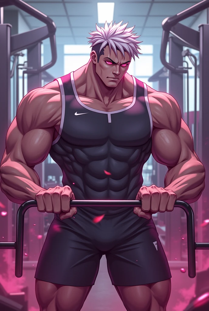 Danny Phantom, teenage muscular gym bro,illustration,ripped muscles,energetic pose,dark-haired,confident expression,powerful build,gym attire,sweat glistening,dumbbells in hand,fitness-themed background,(best quality,4k,8k,highres,masterpiece:1.2),ultra-detailed,realistic:1.37,Renaissance painting,contrasting colors,warm lighting