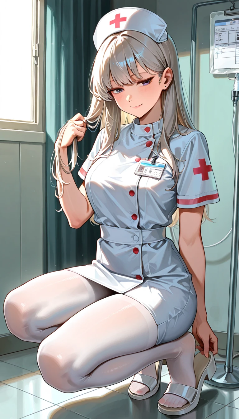 1girl, (solo:1.2), (cowboy shot:1.2), (Beautiful and detailed eyes description), (Beautiful and detailed face), Perfect female body, neat figure, slender waist, (young girl), (20 years old), long hair, platinum blonde hair, very big eyes, blue eyes, medium breasts, blush, shy, watery lips, nurse, (transparent nurse dress), nurse cap, unbuttoned, (white gloves:1.2), (white pantyhose), high heels, necklace, earrings, indoors, school nurse, hospital bed, window, white curtains, sunlight, squatting, (best quality), (ultra detailed), (masterpiece), (highres), (original), (extremely detailed CG unity 8K wallpaper), character design, game cg, detailed manga illustration，(NSFW 1.1)