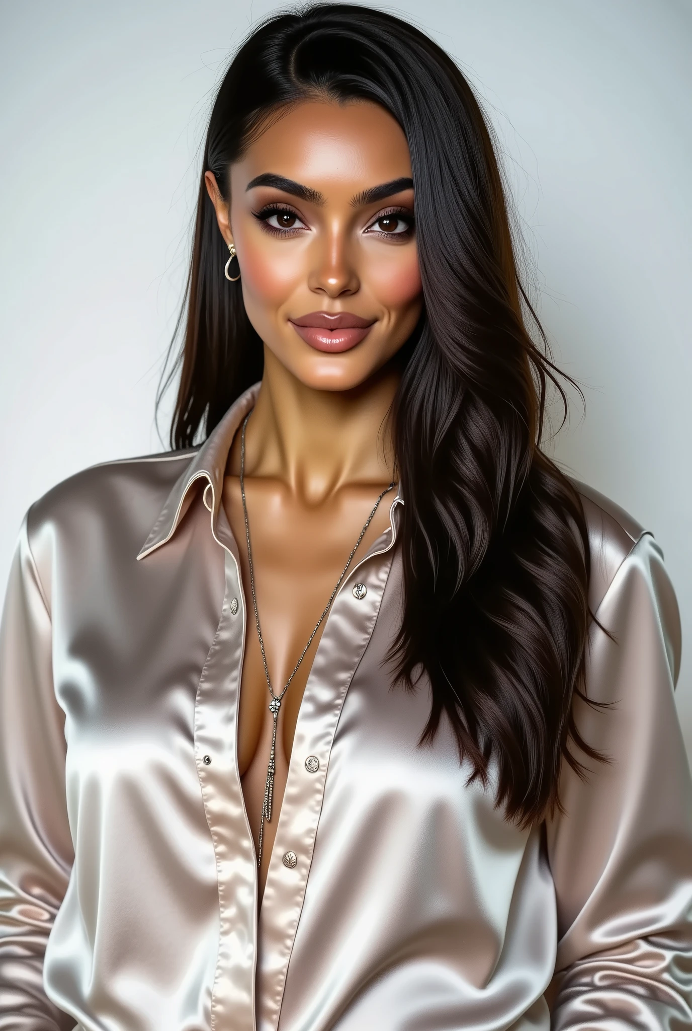 gorgeous woman with long hair, looking at viewer, simple background, satin shirt, long sleeves, white background, jewelry, cowboy shot, parted lips, midriff, pants, necklace, bracelet, lips, denim, jeans, realistic, blue pants, midriff peek, bead bracelet, professional Photography, Photorealistic, detailed eyes, RAW, analog, sharp focus, 8k, HD, DSLR, high quality, Fujifilm XT3, film grain, award winning, masterpiece