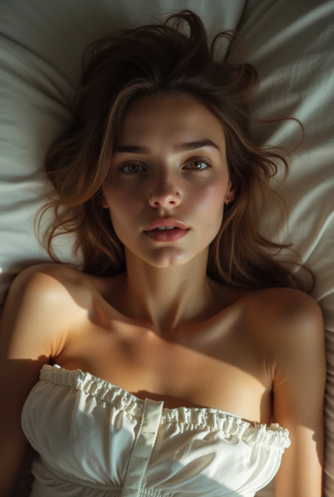 Make a beautiful sleeping woman naked in her bed