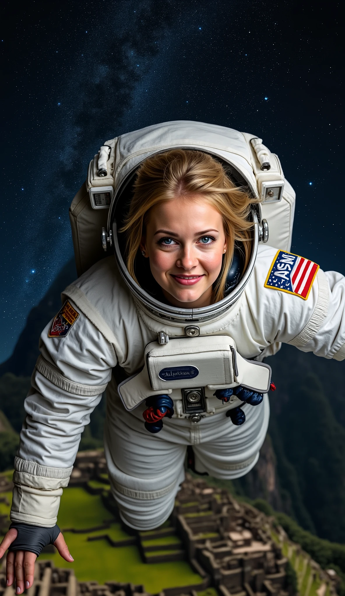 A hyper-detailed, photorealistic scene of a female astronaut, with facial features, skin texture, hair color, and hairstyle exactly matching those of the LoRA selected in SeaArt’s toolbar. Preserve the precise facial structure, hair details, and styling (e.g., sleek bun, flowing locks visible through the helmet, or tight braid) as defined by the chosen LoRA, with no alterations. She is floating weightlessly in a surreal, cosmic perspective above a breathtaking midnight view of Machu Picchu, one of the world’s wonders, with its ancient stone structures faintly illuminated by subtle moonlight, casting soft shadows. The sky is completely black, filled with countless dazzling stars densely scattered, creating a vibrant, awe-inspiring celestial canopy that dominates the scene with cosmic grandeur. Her spacesuit is a highly detailed, authentic NASA-inspired design, featuring realistic textures, reflective surfaces, and official patches, Embroidered prominently on the suit is the classic Incubus band logo, reimagined in the iconic style of the NASA logo, with bold, retro-futuristic typography and a sleek, professional finish. Her transparent helmet showcases her joyful, enamored expression—a radiant smile and sparkling eyes filled with love and wonder. Starlight and faint moonlight illuminate her face and suit, casting delicate reflections. The scene is ultra-realistic, with intricate details in the suit’s fabric, her skin, and the Machu Picchu landscape below. The pitch-black, star-filled sky enhances the sense of infinite wonder, ensuring no distortion to the LoRA’s facial features, hair color, or hairstyle. no hair outside the helmet

