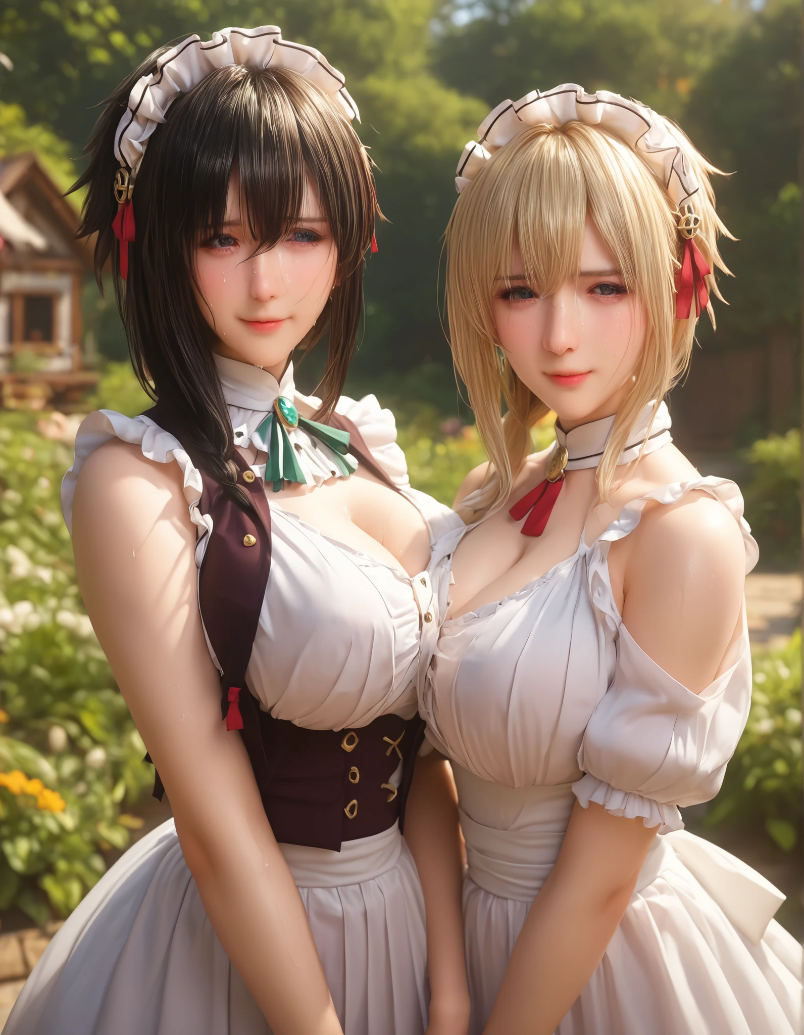 yuki yokoya and violet evergarden, two anime girls with big breasts, two women pose, full body shot, camera angle profesional, sweaty, excited, with flushed cheeks, wearing maid clothes, oppai, oppai proportions, two beautiful anime girls (yuki yokoya and violet evergarden), big breasts!, big breasts!!, anime girls, with a large breasts, twintails, beauty eyes, faint smile on her face, hd, high quality image, head accessories, posing at garden house with sunny weather