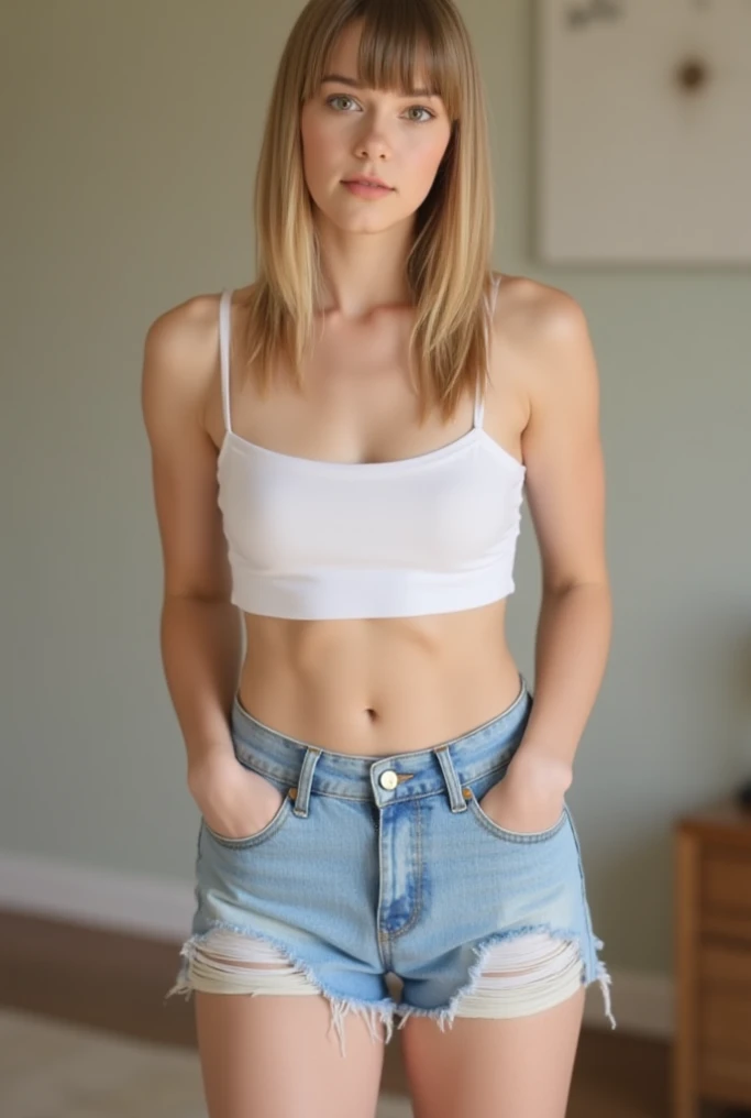 teenage girl, young, youthful, teen, jeans, white camisole, pretty, beautiful, gorgeous, thin, skinny, dainty, delicate, in a living room at night, studio lighting