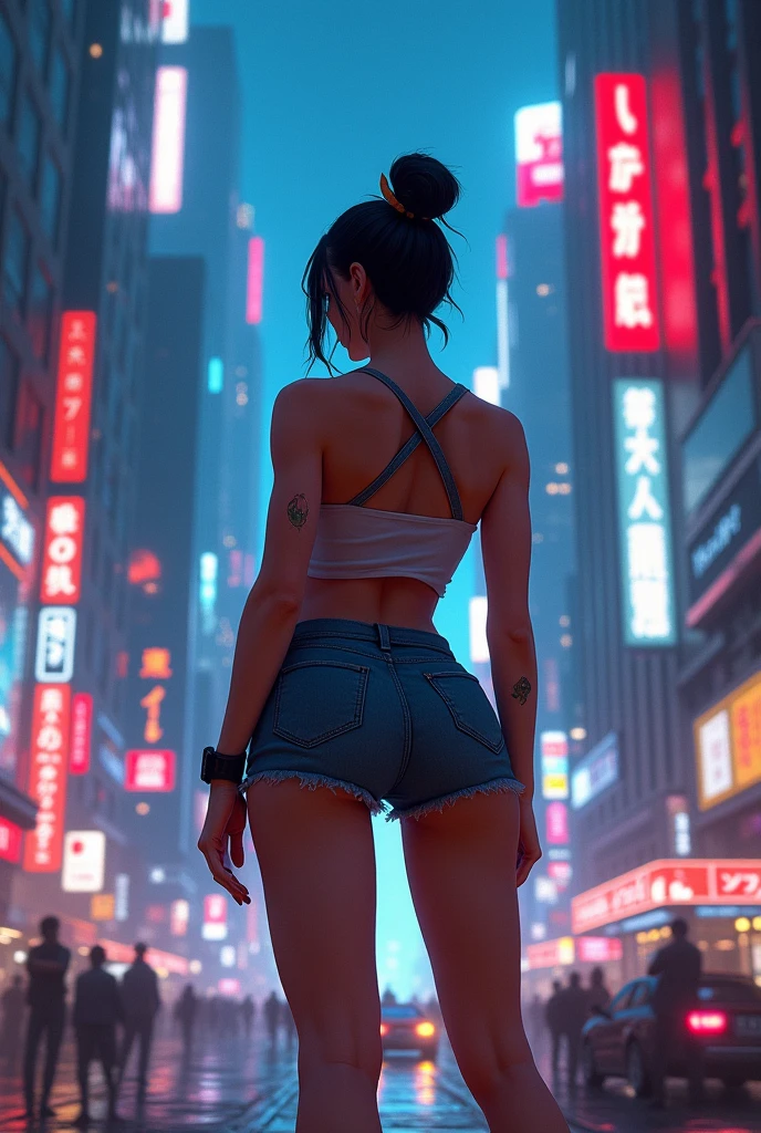 Best 8K UHD quality, solo mature woman, giant breasts, giant ass, very curvy, dark skin, bob cut black hair, hot pink eyes, full lips, seductive, tattoo, tight croptop shirt, low jeans, thongs, bimbo