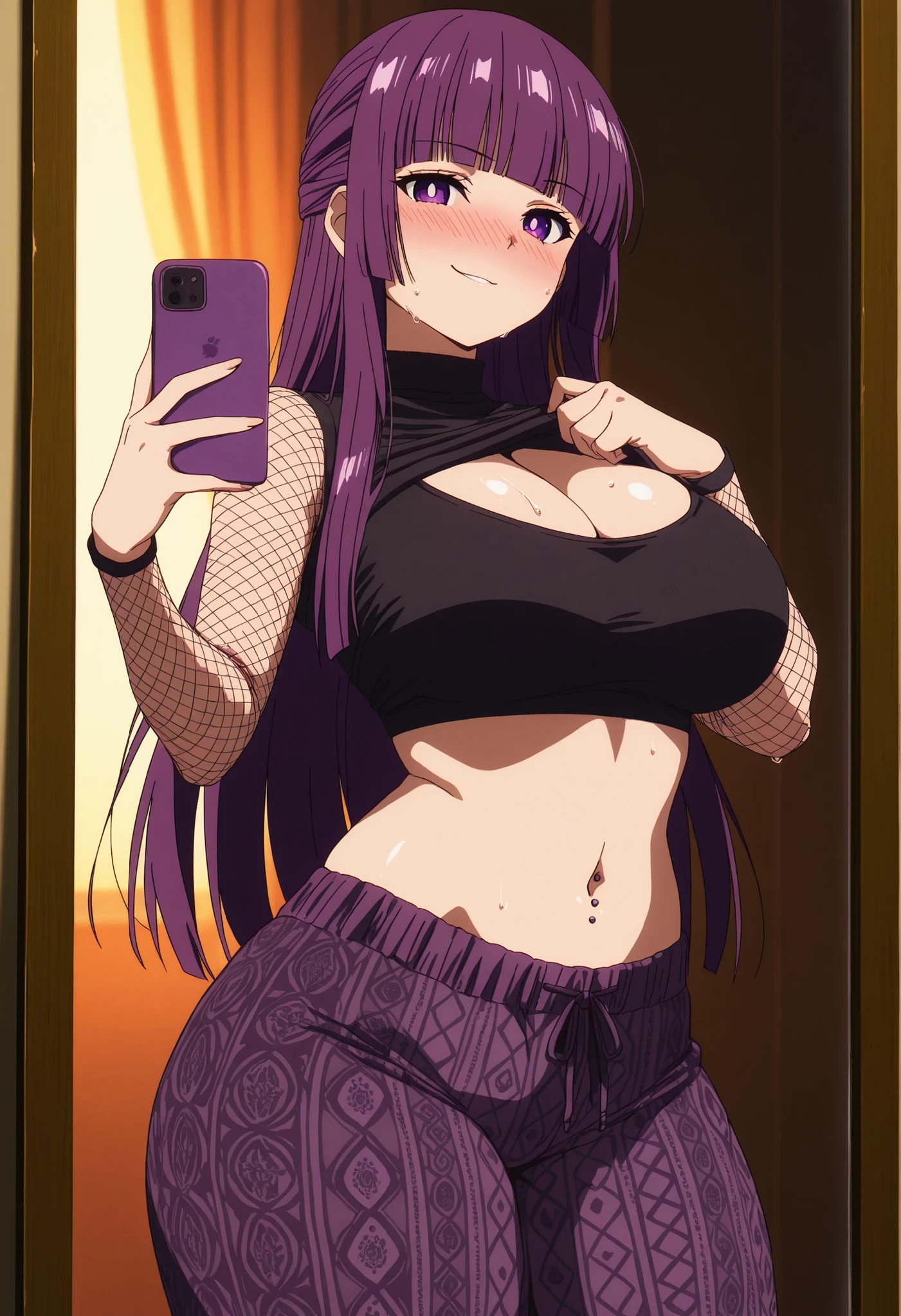 score_9, score_8_up, score_7_up, score_6_up, score_5_up, score_4_up, masterpiece, high quality, shiny skin, shiny hair, shiny body, clear body, large breasts, nose blush, sweat, sweaty, sweaty:1.3, nice legs, navel, midriff, standing, nice legs, posing, SFW, looking at viewer, thick thigh, thick thighs, nice face,fern, long hair, bangs, purple eyes, purple hair, sidelocks, blunt bangs, bright pupils, half updo, large breasts, anime screencap, cleavage, large breasts, solo, SOLO, anime girl, taking a mirror selfie with a confident smirk, one hand pulling down patterned sweatpants, wearing a tight black crop top lifted up, fishnet sleeves, low-rise pajama pants with tribal patterns, visible navel piercing, seductive pose", modern aesthetic, ultra-detailed, high contrast, body shine, soft lighting, provocative and confident expression, pants, long pants, print pants, forbidden pants, flare pants, floral pattern, yoga pants, printed pants, striped pants, floral print, [PURPLE], holding phone, cowboy shot