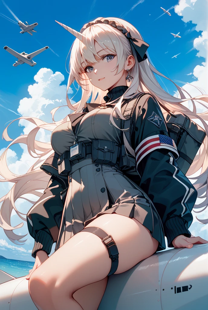 {(masterpiece,best quality, 8K UHD, extremely detailed CG, detailed beautiful face and eyes and skin and hair)}, {(ultra realistic photo style:1.4)}, {(Free fall from Altitude 10000m:1.4), (out of focus background:1.4)}, {1woman, medium hair, Ponytail hair with braids, medium breasts, forehead}, {(strike_witches:1.4), (white small_lace_panties:1.1), (military shoes:1.1)}, {(spread　thighs), (throw one's legs out)}, {(cheerful:1.4), (candid shot), (hair stands on end in the wind)}