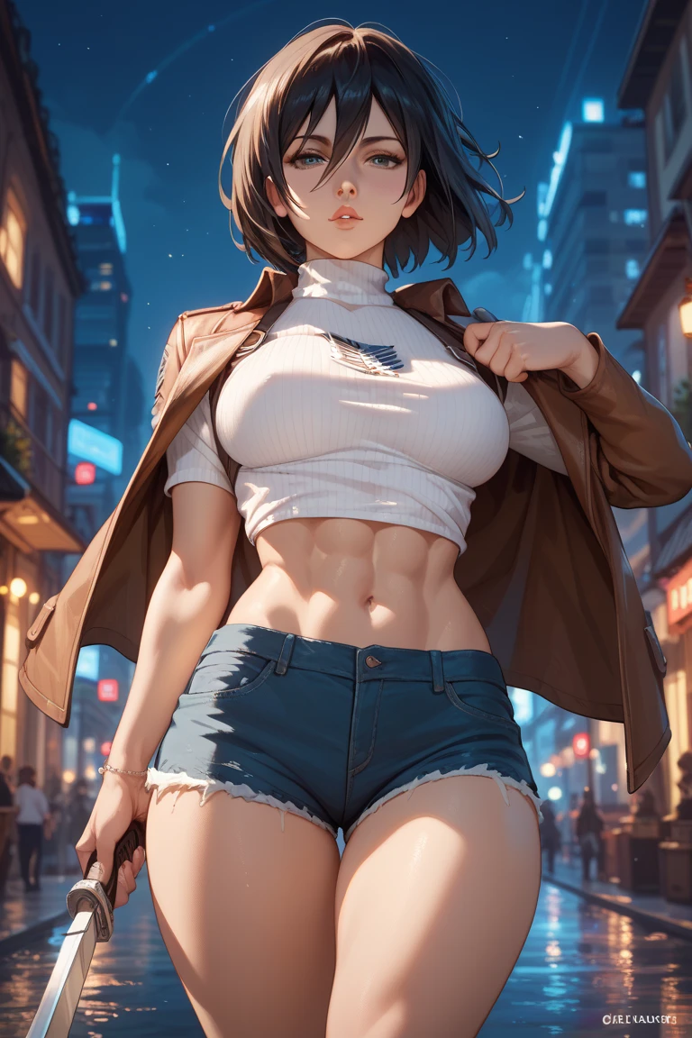 ((8k wallpaper of extremely detailed CG unit, masterpiece, hight resolution, top-quality)), (Beautuful Women, Plump lips, Hands in pockets:1.5, Grunge Fashion, wearing an orange blouson:1.2, Wearing micro mini shorts:1.2, Wearing sneakers:1.1), ((extra detailed face, Highly detailed black eyes, extra detailed body, Top quality real texture skins)), (A dark-haired, hair messy, de pele branca, Exposed belly), (Inside an abandoned building, Beautiful blue sky, suns), (high-angle:1.1, Fisheye:1.3), hyper realisitic, digitial painting,