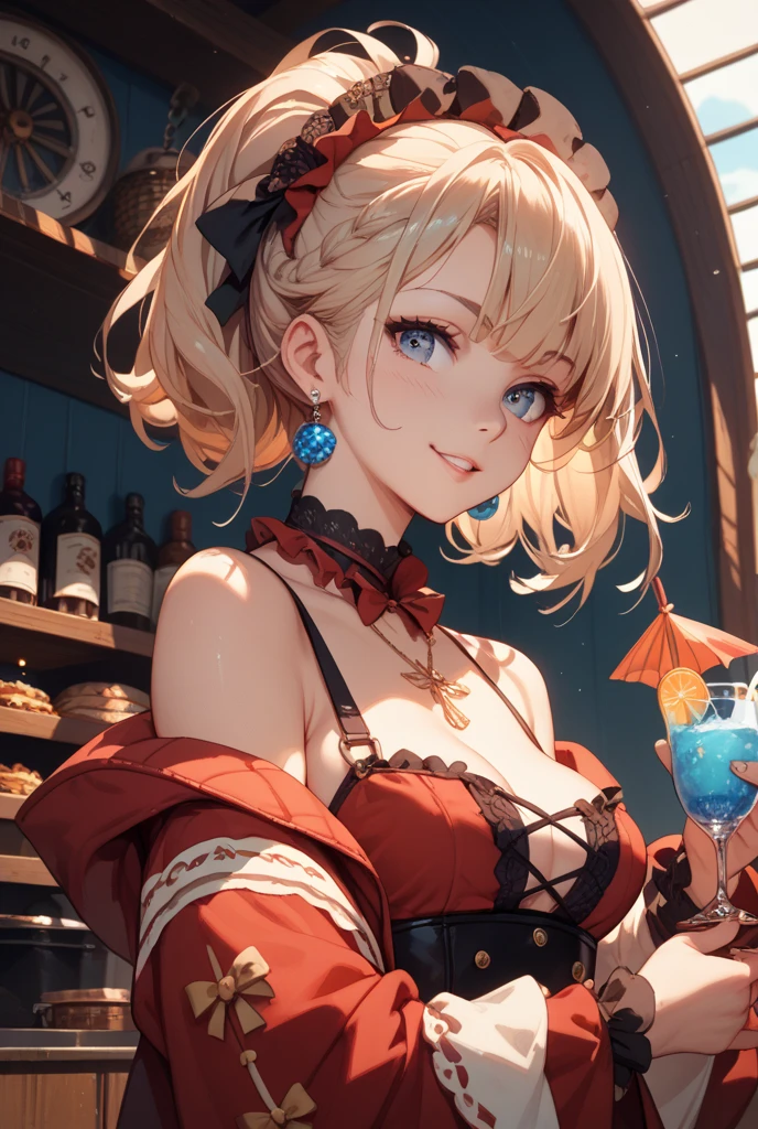 A Disney princess-style character smiles and holds a chic cocktail at a luxurious bar counter