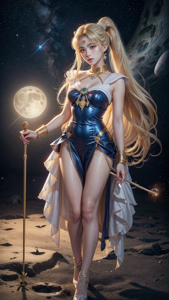 pretty girl, masterpiece, Highest Quality, (Solo full body Focus), (Perfect face:1.1), (high detailing:1.1), (ultradetailed eyes), Dramatic, woman with pale skin and long voluminous yellow hair, blue eyes, Solo, Long hair, Moon, Night, white luxury long drees with frills, Covered navel, Pouty lips, arrogant expression, rose garden, Detailed background, Art by Artgerm, Cinematic lighting, roses, Fashion, BalenciagaStyle, full body, long drees, magical girl, long yellow hair with two high pony tail, full body details, two leg, two arm, holding moon staff, moon scepter, high heels, white dress, magical dress, hourglass figure, small nose, red lips, small nose, white skin, earrings, rings, necklace, bracelet, jewelry, full body details, long white dress with frills and gold details, gold details, on her forehead gold moon symbol, in her hands long moon Staff scepter, magical girl, long wavy yellow hair with two high pony tail, on the dress frills, long moon Staff A little pretty , big breasts, big , realistic picture, white dress with frills, gold jewelry, gold details on the dress, hourglass figure, long dress with frill, yellow hair, two high long pony tail, Lunar Staff, Lunar scepter, two high pony tail, 