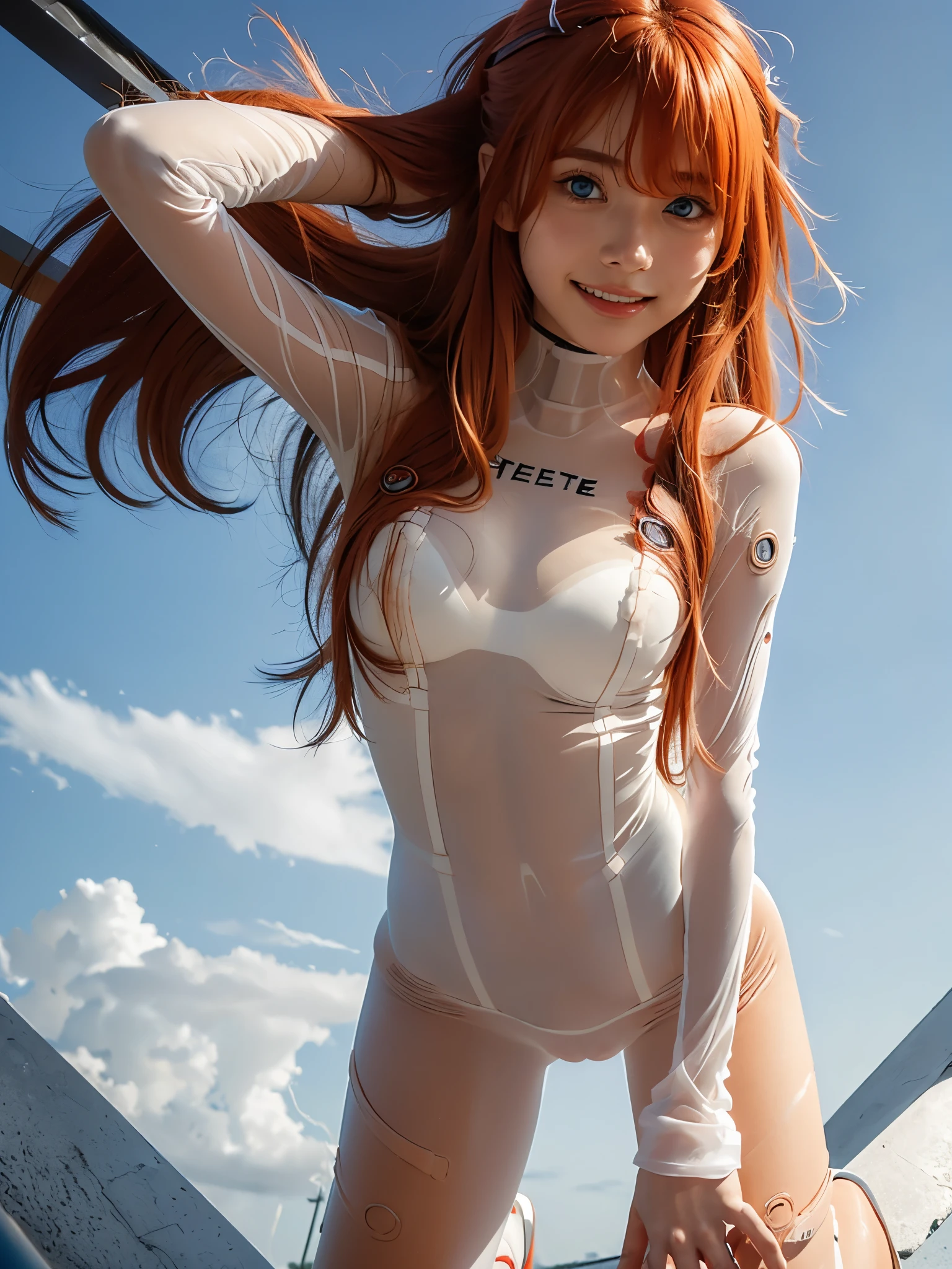 1girl, (cute Half Japanese and half German girl), junior high school girl, 
BREAK
(smile:1.3), Looking at camera, 
BREAK
POV, (from below:1.5), (leaning forward:1.3), (hands on knees:1.3),
BREAK
(16k, RAW photo, best quality, masterpiece:1.2), (realistic, photo-realistic:1.4), (extremely detailed 8k wallpaper), sharp focus, depth of field, blur background, bokeh, cinematic lighting, soft light, 
BREAK
(Skinny Body:1.5), sagging breasts, small breasts, (light pink nipples under clothes:1.1),
BREAK
asuka_langley_soryu_bodysuit, (naked bodysuit, white bodysuit:1.5),  (see-through:1.5), (wearing transparent bodysuit:1.5),  (((interface headset))),
BREAK
asuka langley soryu, (souryuu asuka langley:1.2), (((long hair, bangs, blue eyes, Two side up))), (light orange hair:1.3), (red hair ornament:1.5),
BREAK
in the bed room,