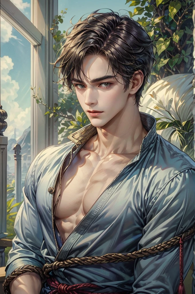 Best image quality, 4k, masterpiece, teenage male, white and tender skin, blonde floppy short hair, blue eyes, green and slightly mature, cute and soft, young, godly eyes, exquisite hair, look at the lens, face focus, smile, delicate facial features, front lighting, front light source, portraiture, face magnification, face close-up, above the shoulder, cute feeling, excellent posture to capture the sight, portrait painting effect, blue sky and white clouds, roses