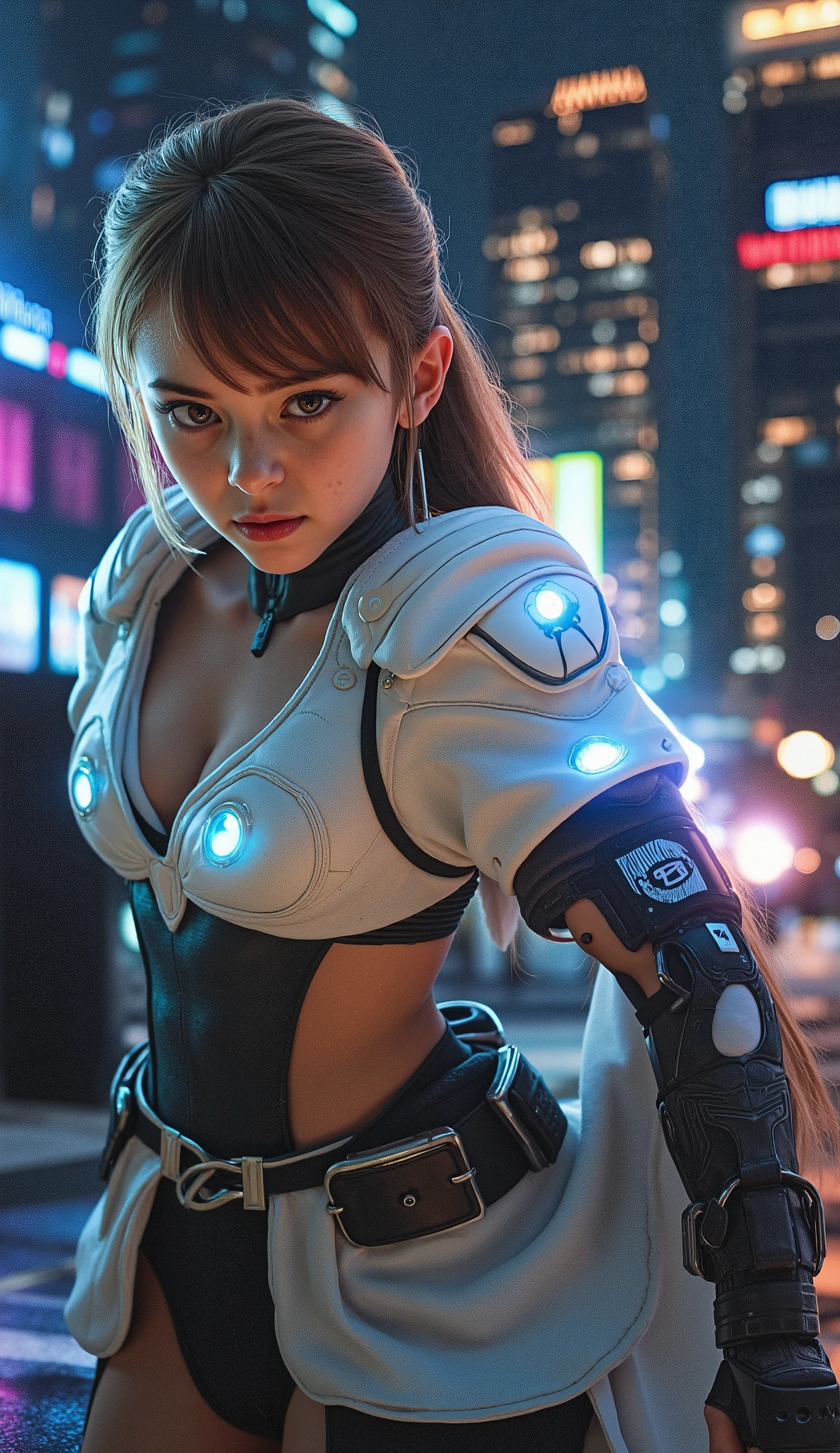 in Epic STORY, ,girl(4KHD)Eject Energy Ball, Fighting in a Night Sky City, Real Photo, HD, kneeling.