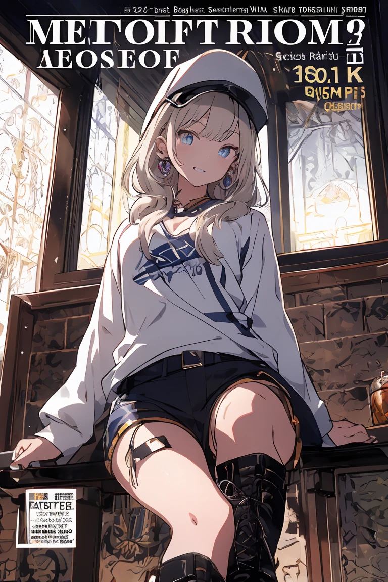 (masterpiece:1.2), (Military uniform magazine cover:1.4),best quality,PIXIV,Sweet girl , sexy posture,1girl, (perky chest:1.2), rolling upskirt by wind:1.6, (with sparkling eyes and a contagious smile),open mouth, (pointed chest:1.2),fishnets, black hair, boots, long hair, black nails, skirt, shirt, black footwear, bag, black skirt, jewelry, jacket, thigh strap, bangs, necktie, earrings, nail polish, multicolored hair, looking at viewer, full body, bottle, own hands together, belt, jacket on shoulders, food, cats on head, ring, choker, english text, collared shirt, blue eyes, hat, lace-up boots ,masterpiece、highest quality、Very detailed、An illustration、Beautiful fine details、One Girl、cute、Detailed landscape、Training Room Background:1.4、Platinum Blonde Hair、Braided Ponytail、Red camisole、((c cup breasts, Tank top showing underboob:1.4))
