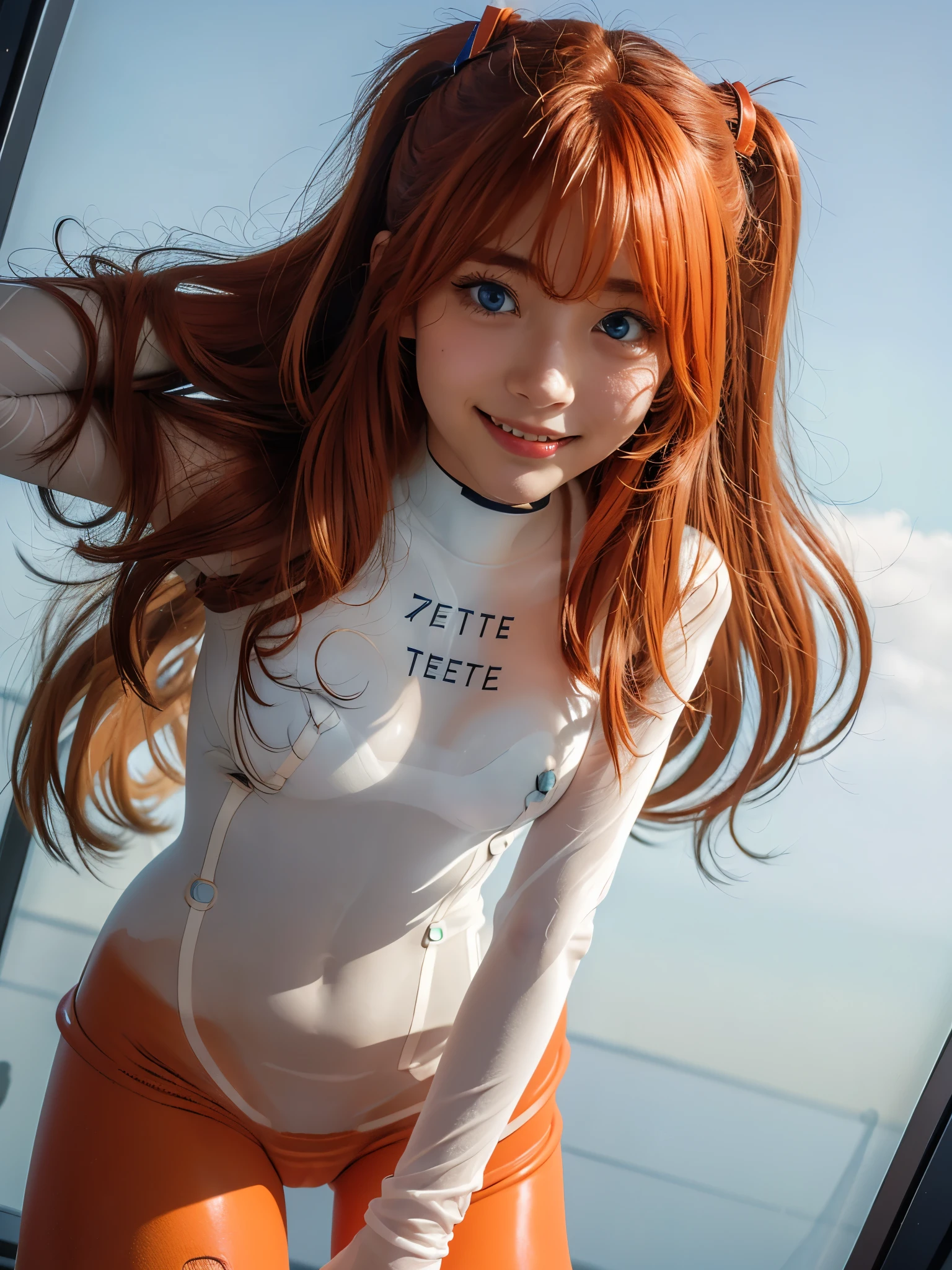 1girl, (cute Half Japanese and half German girl), junior high school girl, 
BREAK
(smile:1.3), Looking at camera, 
BREAK
POV, (portrait:1.2), (leaning forward:1.3), cinematic angle,
BREAK
(16k, RAW photo, best quality, masterpiece:1.2), (realistic, photo-realistic:1.4), (extremely detailed 8k wallpaper), sharp focus, depth of field, blur background, bokeh, cinematic lighting, soft light, 
BREAK
(Skinny Body:1.5), sagging breasts, small breasts, (light pink nipples under clothes:1.1),
BREAK
asuka_langley_soryu_bodysuit, (naked bodysuit, white bodysuit:1.5),  (see-through:1.5), (wearing transparent bodysuit:1.5),  (((interface headset))),
BREAK
asuka langley soryu, (souryuu asuka langley:1.2), (((long hair, bangs, blue eyes, Two side up))), (light orange hair:1.3), (red hair ornament:1.5),
BREAK
in the bed room,