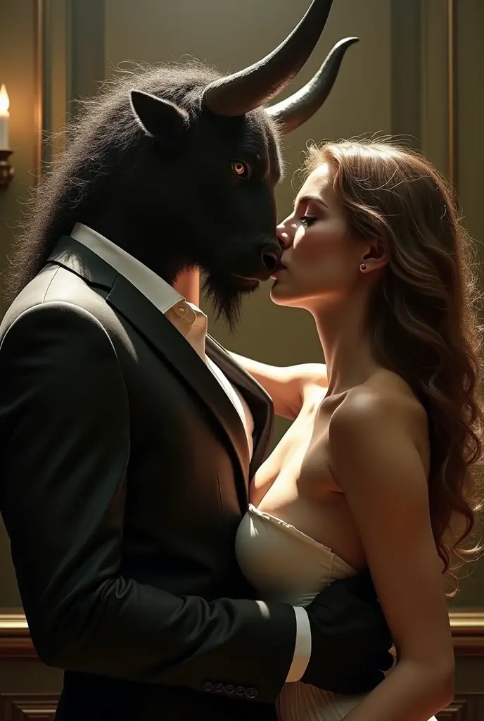 wolf wearing black suit, hugging woman in black lingerie, with huge breasts, with a shy smile, she looking at the camera, Photo studio 