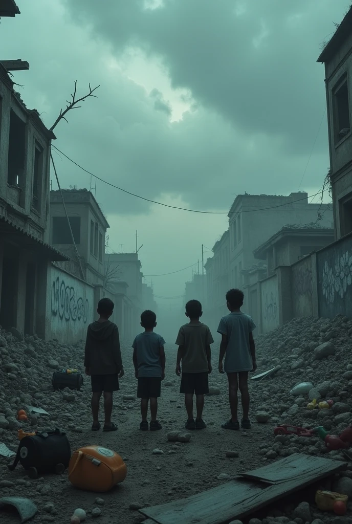 White children in rubble