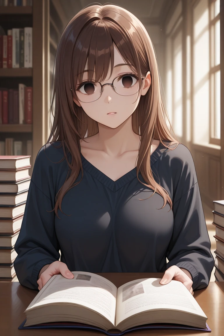 ((masterpiece,Highest quality;1.3,best illustration,realistic)),Looking up at the viewer、1woman、独奏,25 year old Japanese beauty,((very small head:1.1)),center parted bangs,forehead,black hair,long hair,black eyes,gorgeous eyes,Black-rimmed glasses、tears,shy,sad,medium breasts,((very long body)),((toned body,slender body,skinny)),gleaming skin,shiny skin,oily skin,(oversized blue cardigan,Dark blue pleated mini skirt)、White tank top、kneeling,incontinence、peeing,library、Tokyo、