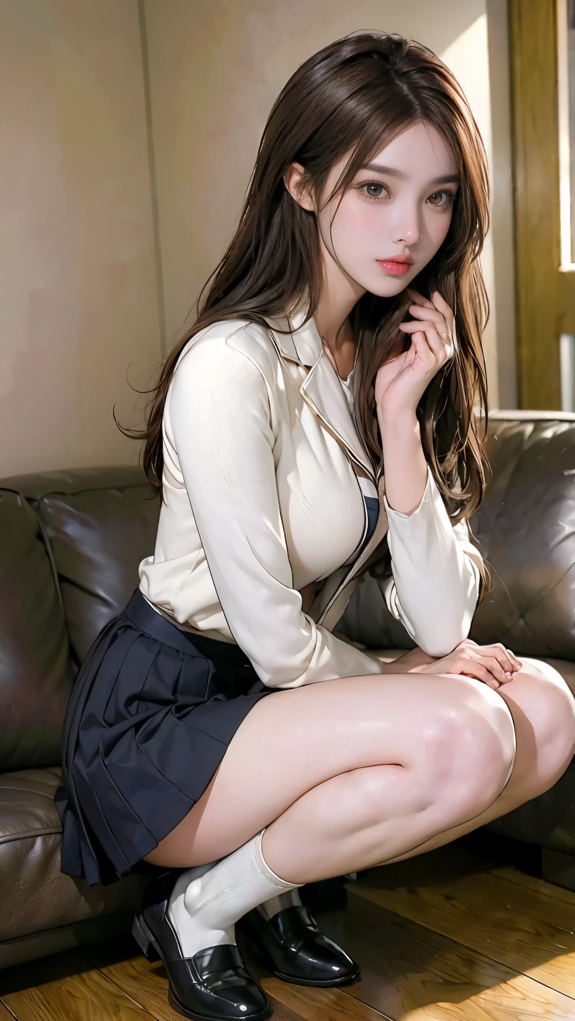 the perfect body proportions of a woman, a 17 year old face of the most beautiful actress in the world, the blazer for a female is firmly worn on the formal shirt which is covering her whole upper body, the panties which is worn under the short skirt are fully exposed thanks to her bare legs are opened, she is sitting on a sofa with spread her legs, nsfw, best quality, highly detailed, masterpiece, ultra high res, photo realistic, 8k