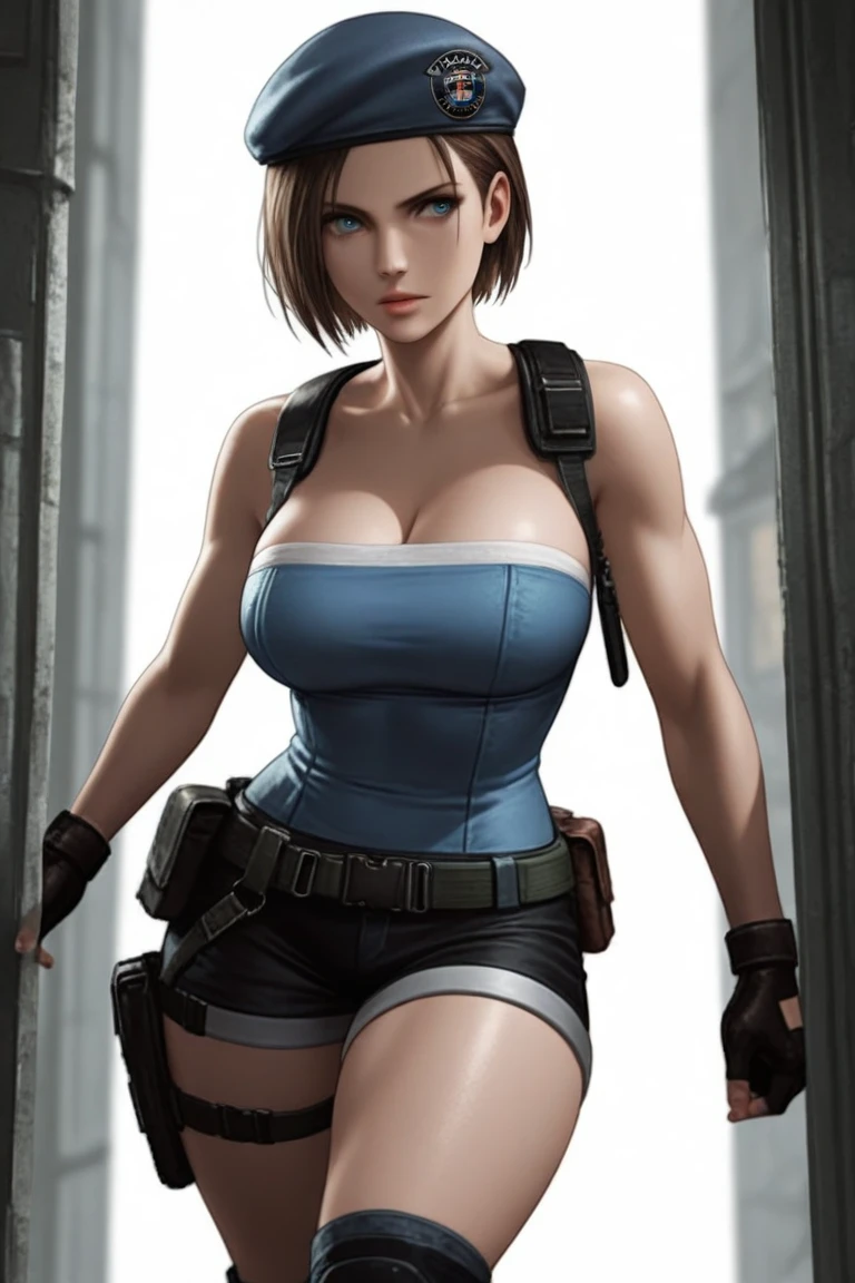 (Resident Evil 4:1.5), (full body photo), (An elf woman and several zunbis in the background:1.5 ), (she has gigantic breasts:1.9), (She's in the clothes of Resident Evil 4+ Leon with black T-shirt+brown leather chorte+extremely tight on body:1.4), (she's walking in a night town crowded with zombies:1.5), (she has short brown hair:1.3),  (she has blue eyes:1.3), (she's doing poses+for the viewer+holding an armada), Hyperrealism, 16k, best quality, high details, UHD