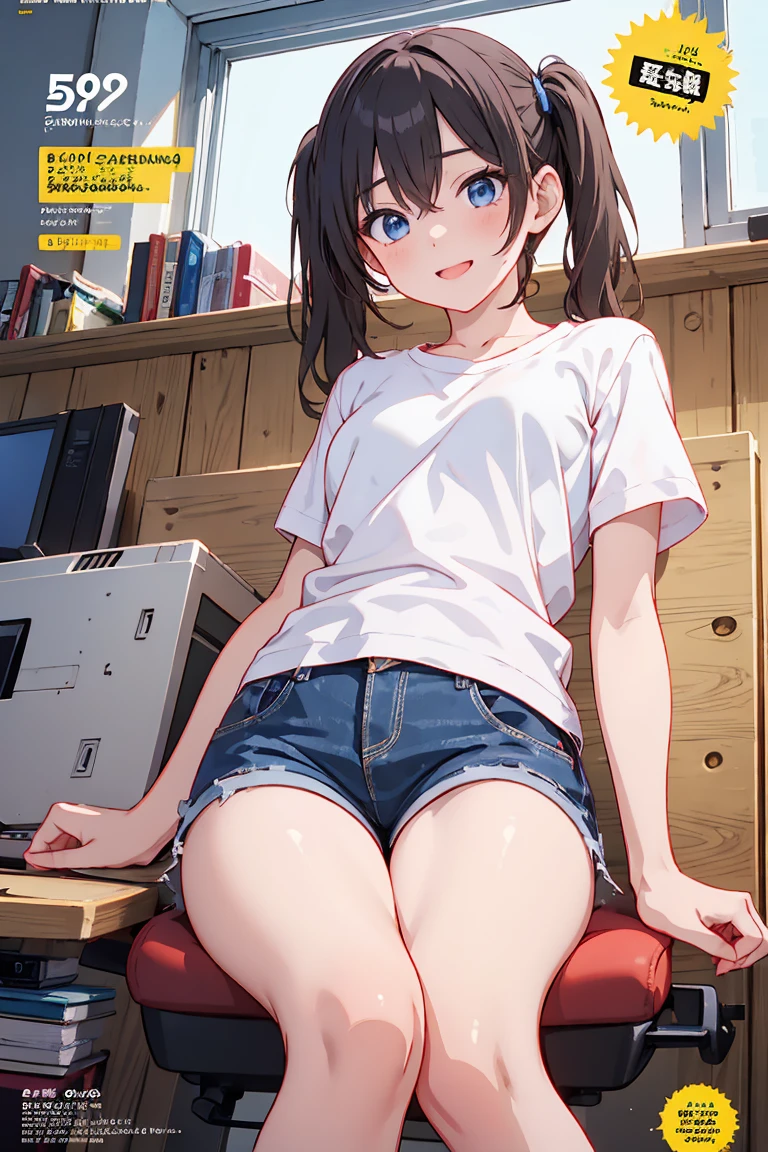 (high resolution、high quality、masterpiece)、1 Girl、T-Shirts、jeans、computer、desk、Chair、smile